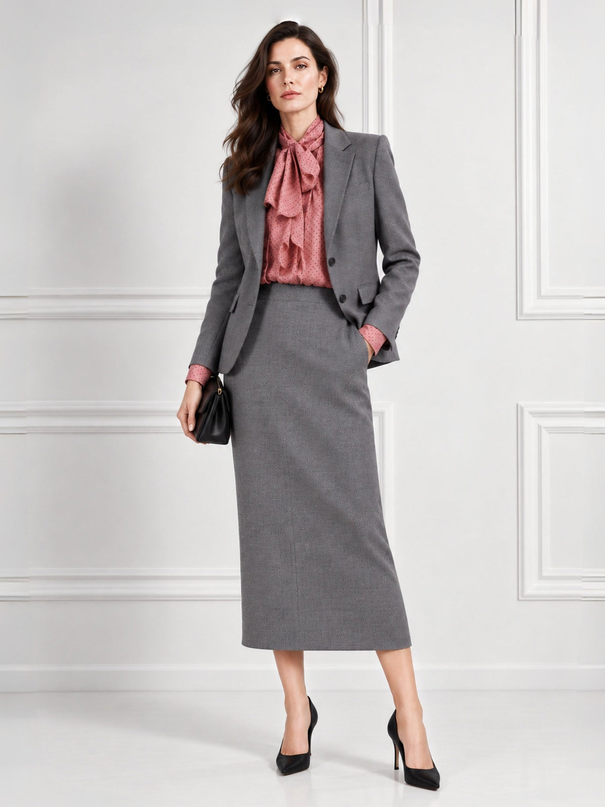 Grey Notch Lapel Blazer & Bodycon Midi Skirt Single Breasted Two Button 2-Piece Suit