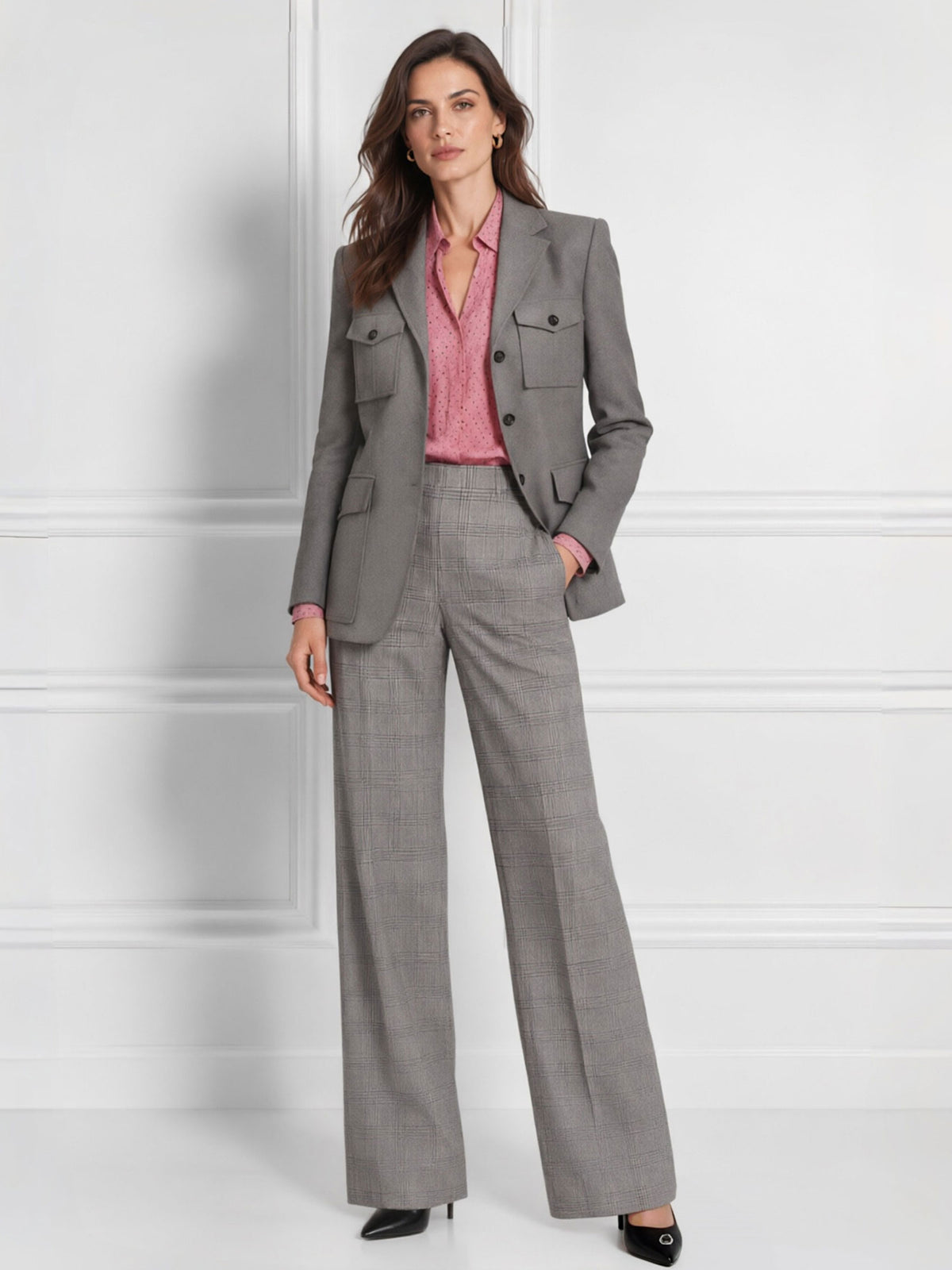 Grey Notch Lapel 4-Pocket Blazer & Straight Leg Pants Single Breasted Three Button 2-Piece Suit
