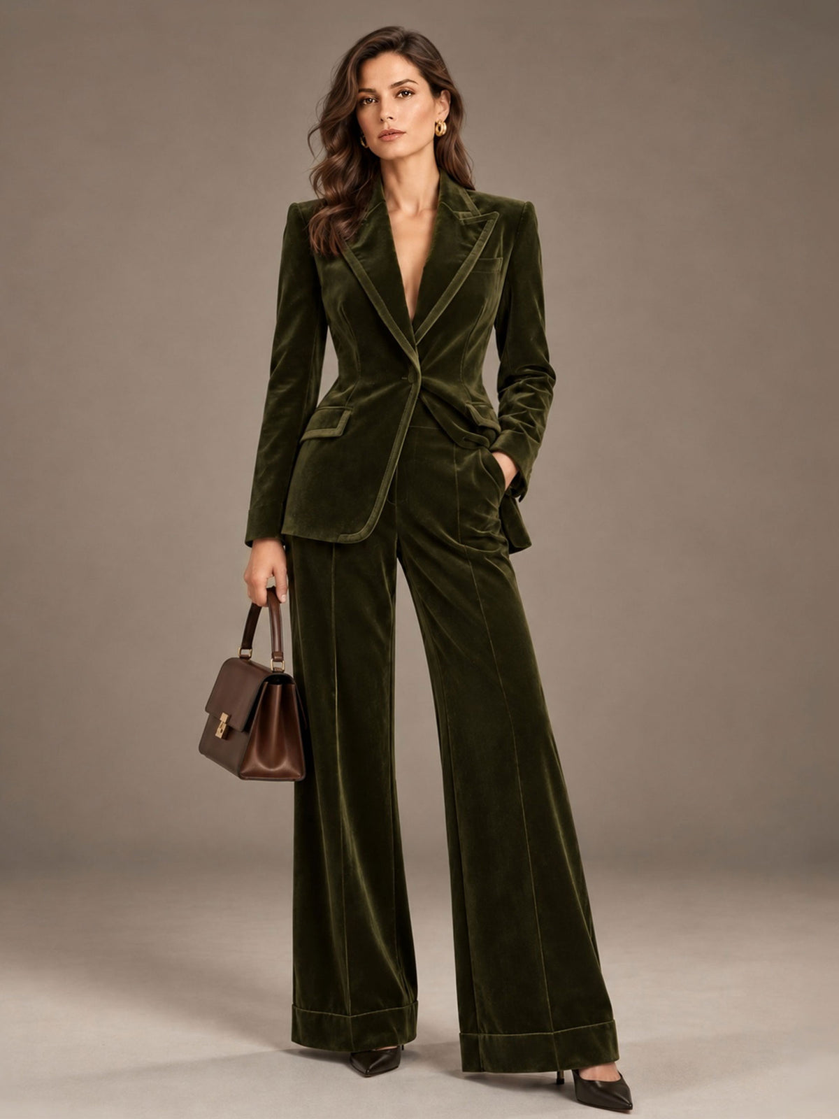 Olive Green Peak Lapel Velvet Blazer & Wide Leg Pants Single Breasted One Button 2-Piece Suit