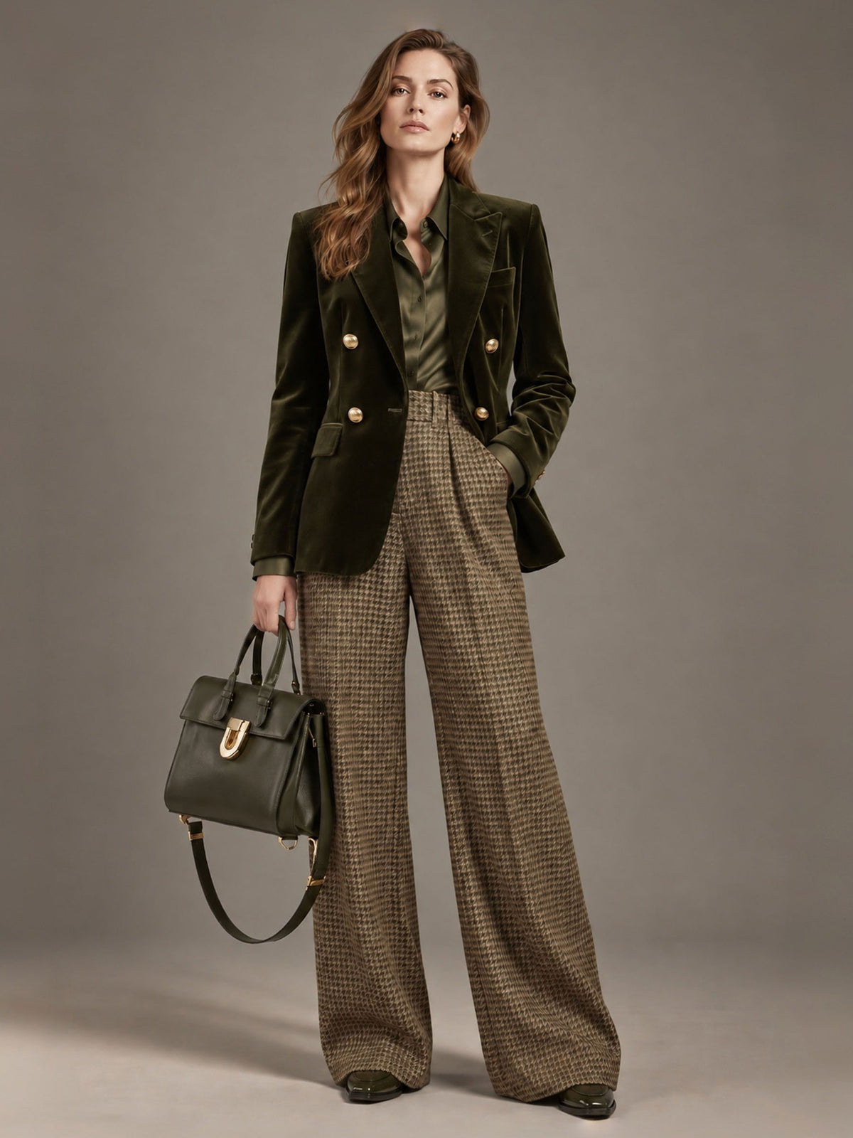 Olive Green Peak Lapel Double-Breasted Four-Button Velvet Blazer & Khaki Plaid Wide Leg Pants 2-Piece Suit