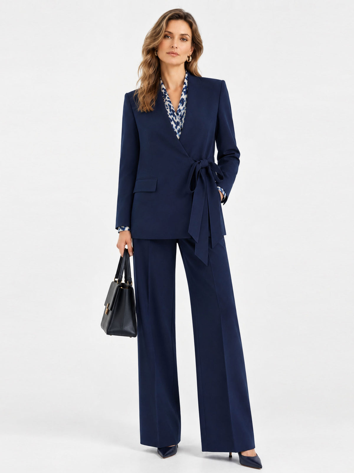 Navy V‑Neck Straight Tie‑Waist Blazer & Wide Leg Trousers 2-Piece Suit