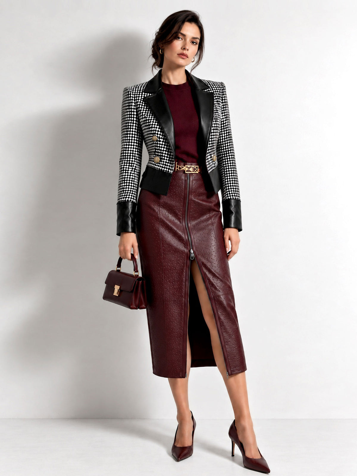 Black White Houndstooth Tweed Notched Lapel Double Breasted Cropped Blazer & Faux Leather Midi Bodycon Skirt 2-Piece Suit