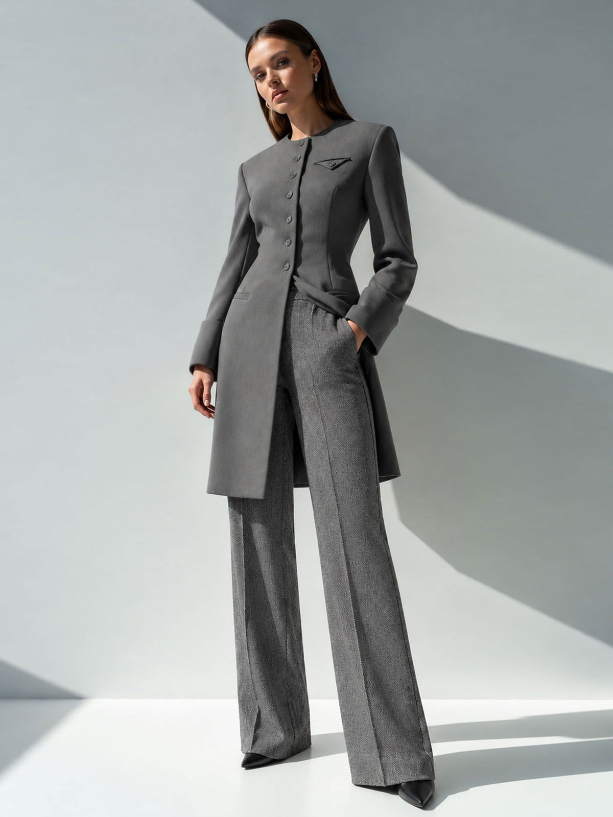 Grey Crew Neck Mid-Length Single Breasted Coat & Wide Leg Trousers 2-Piece Suit
