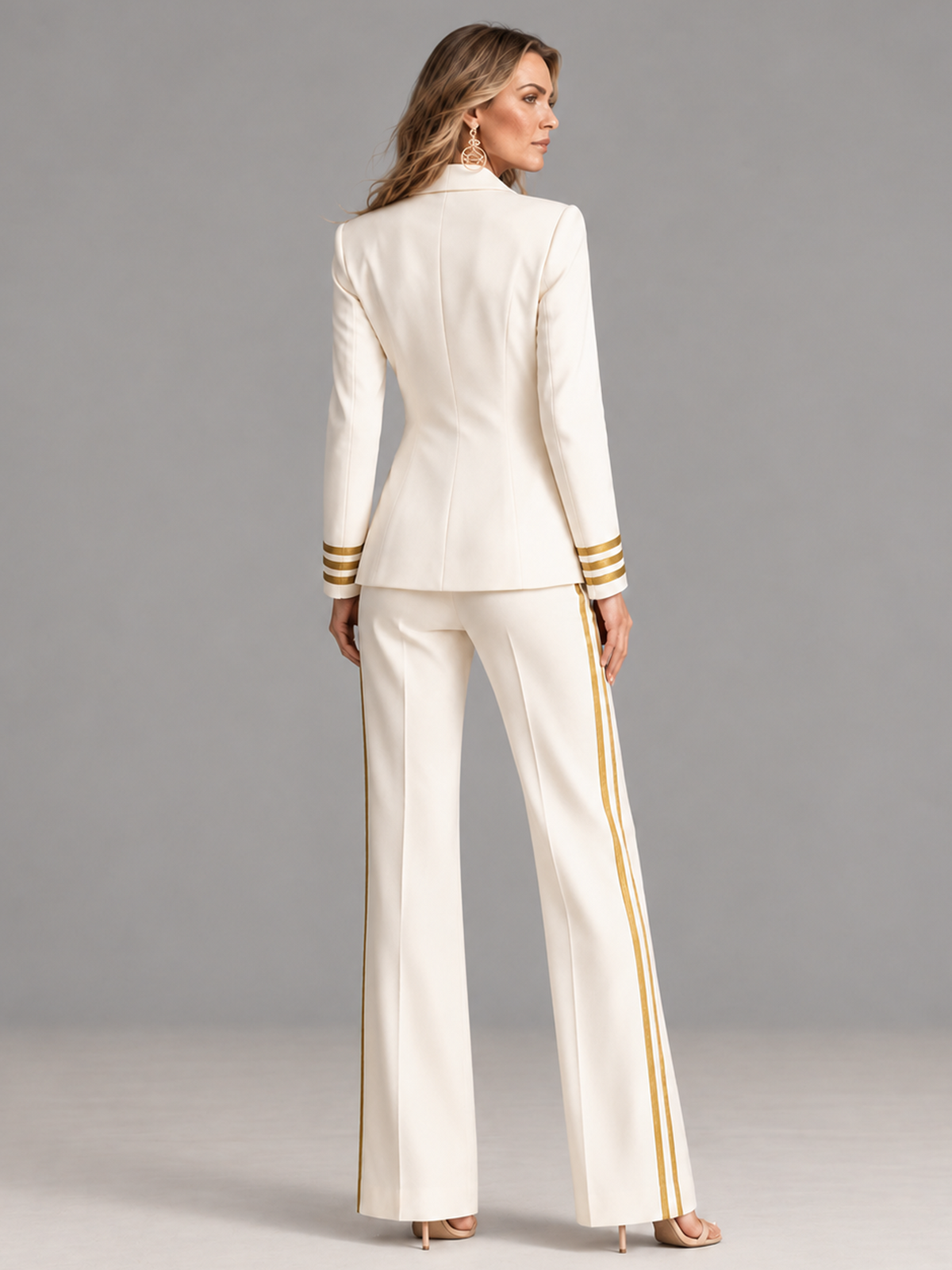 Cream Double Breasted Blazer With Gold Striped Cuffs And High Waist Flared Pants 2-Piece Suit