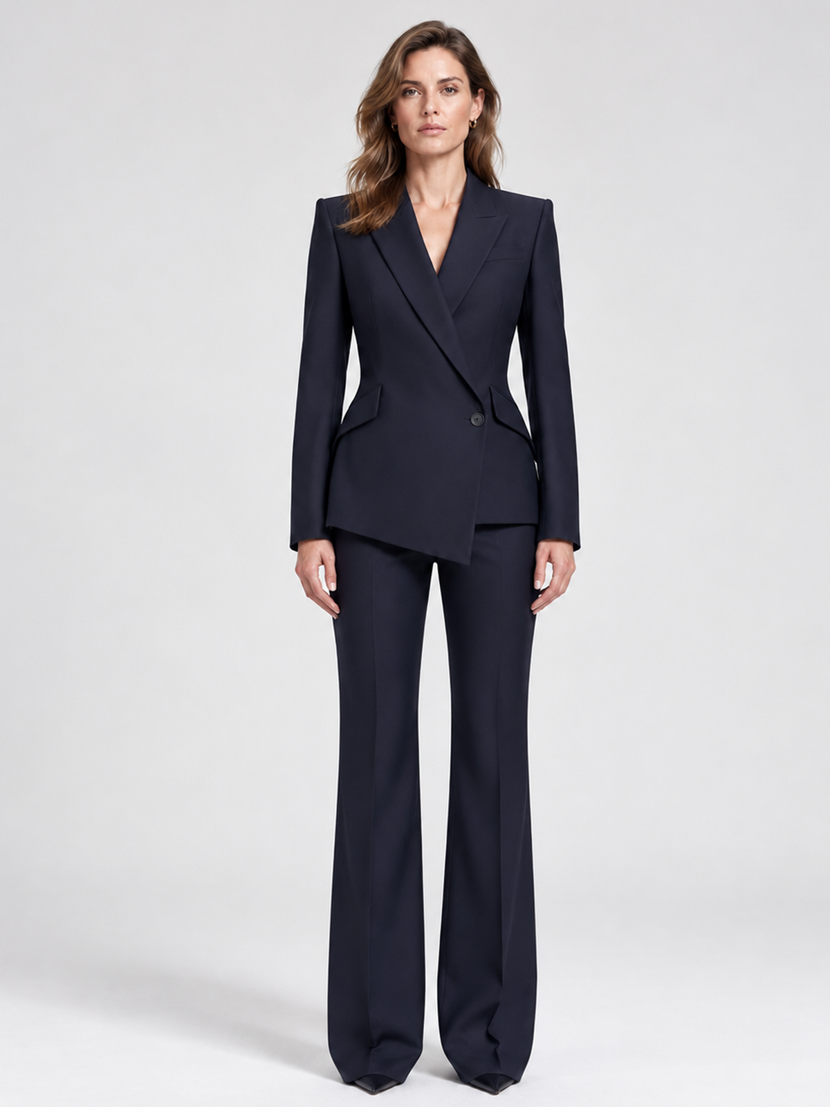 Navy Asymmetric Peak Lapel Blazer And High Waist Flared Pants 2-Piece Suit