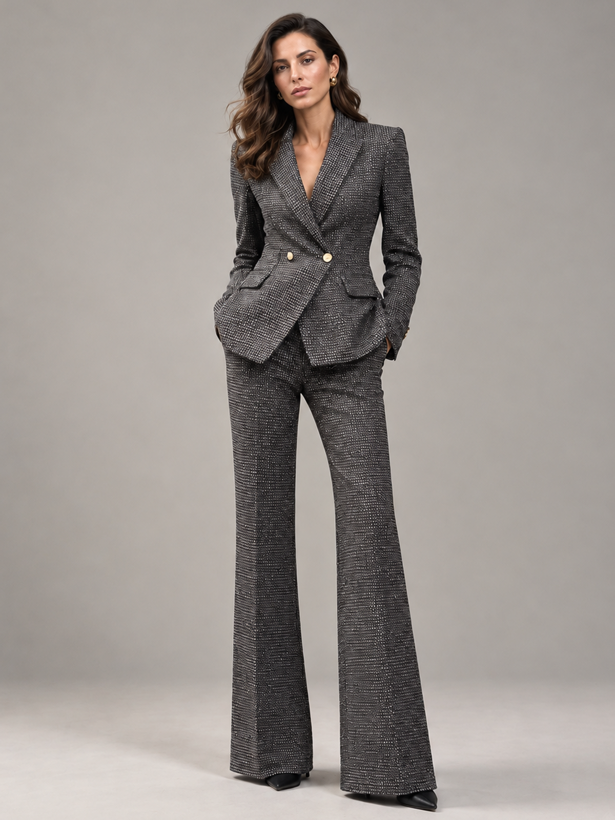 Grey Speckled Tweed Double Breasted Peak Lapel Blazer And High Waist Flared Pants 2-Piece Suit