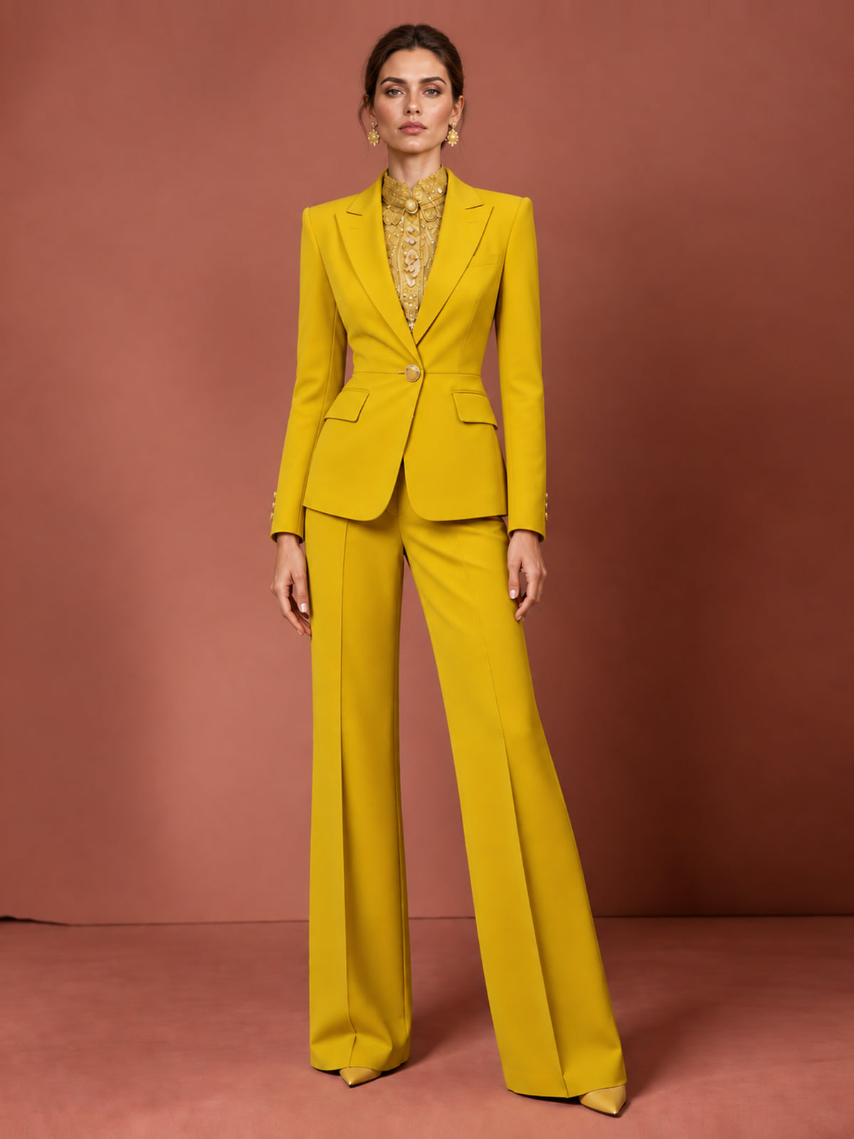 Yellow Single Breasted Blazer With Peak Lapels And Wide Leg Pants 2-Piece Suit