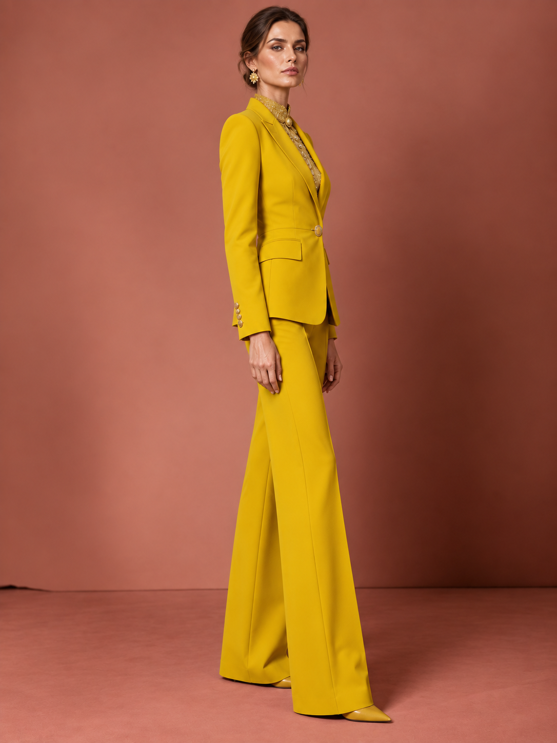 Yellow Single Breasted Blazer With Peak Lapels And Wide Leg Pants 2-Piece Suit
