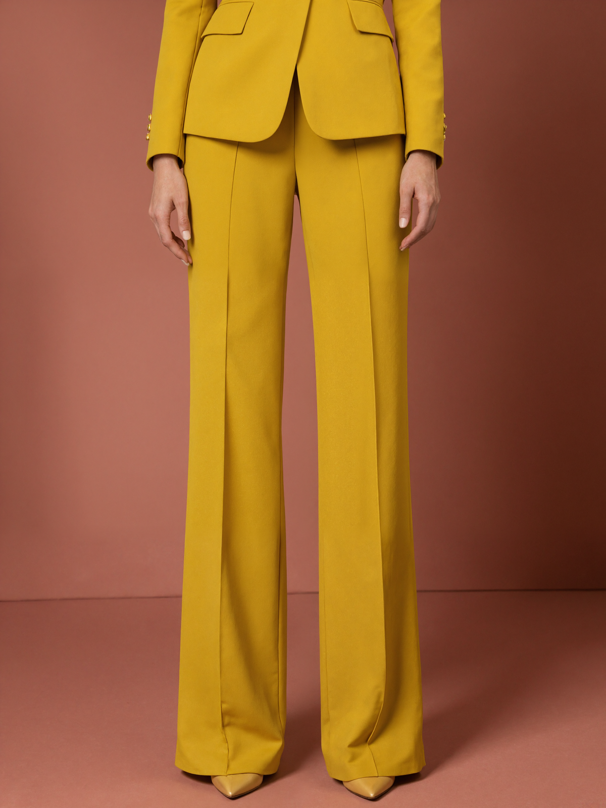 Yellow Single Breasted Blazer With Peak Lapels And Wide Leg Pants 2-Piece Suit