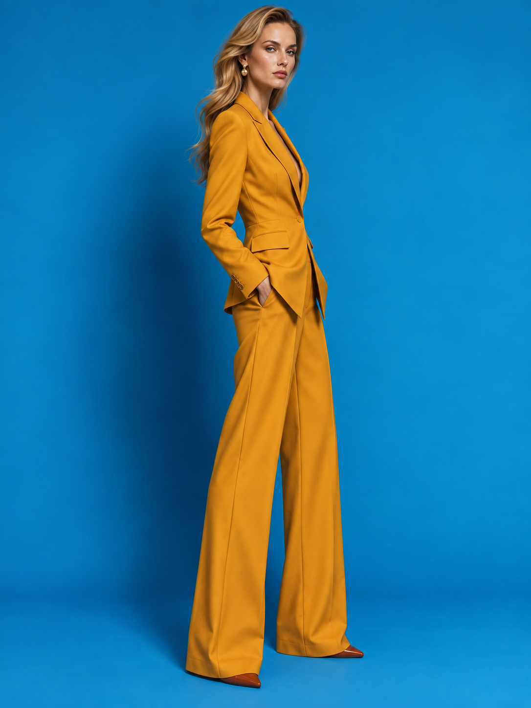 Yellow Peak Lapel Blazer And Wide Leg Pants 2-Piece Suit