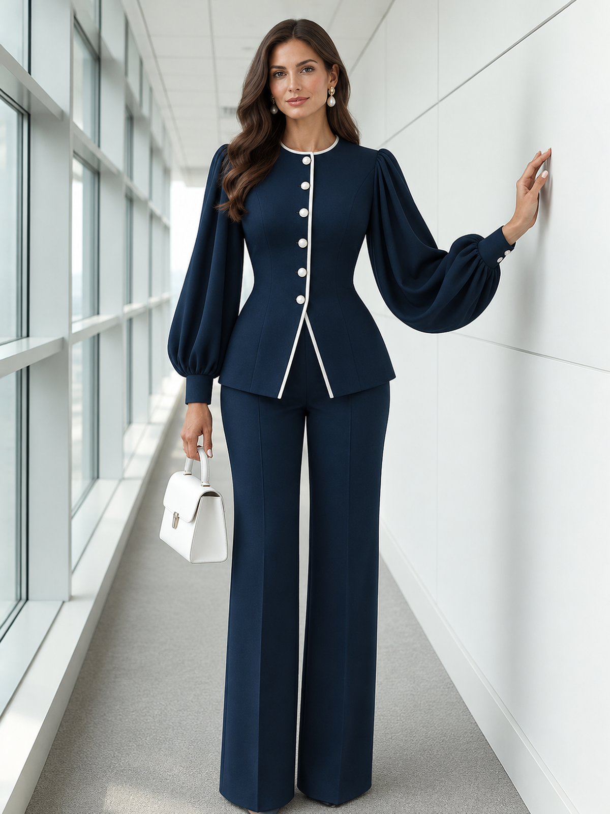 Navy Round Neck Balloon Sleeve Peplum Blazer And Wide Leg Pants 2-Piece Suit