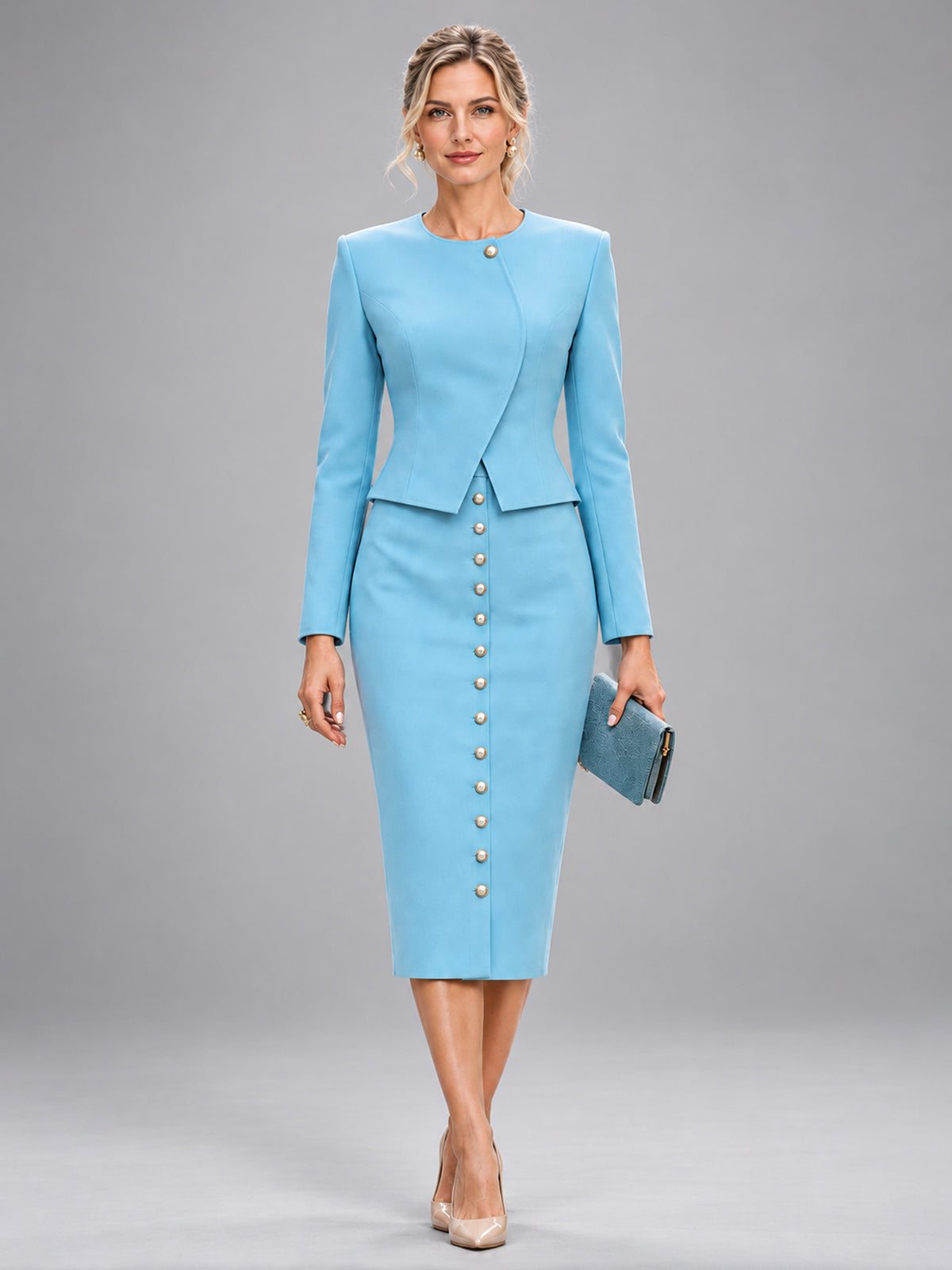 Sky Blue Round Neck Wrap Overlay Cropped Blazer & Button Front Midi Pencil Skirt 2-Piece Suit