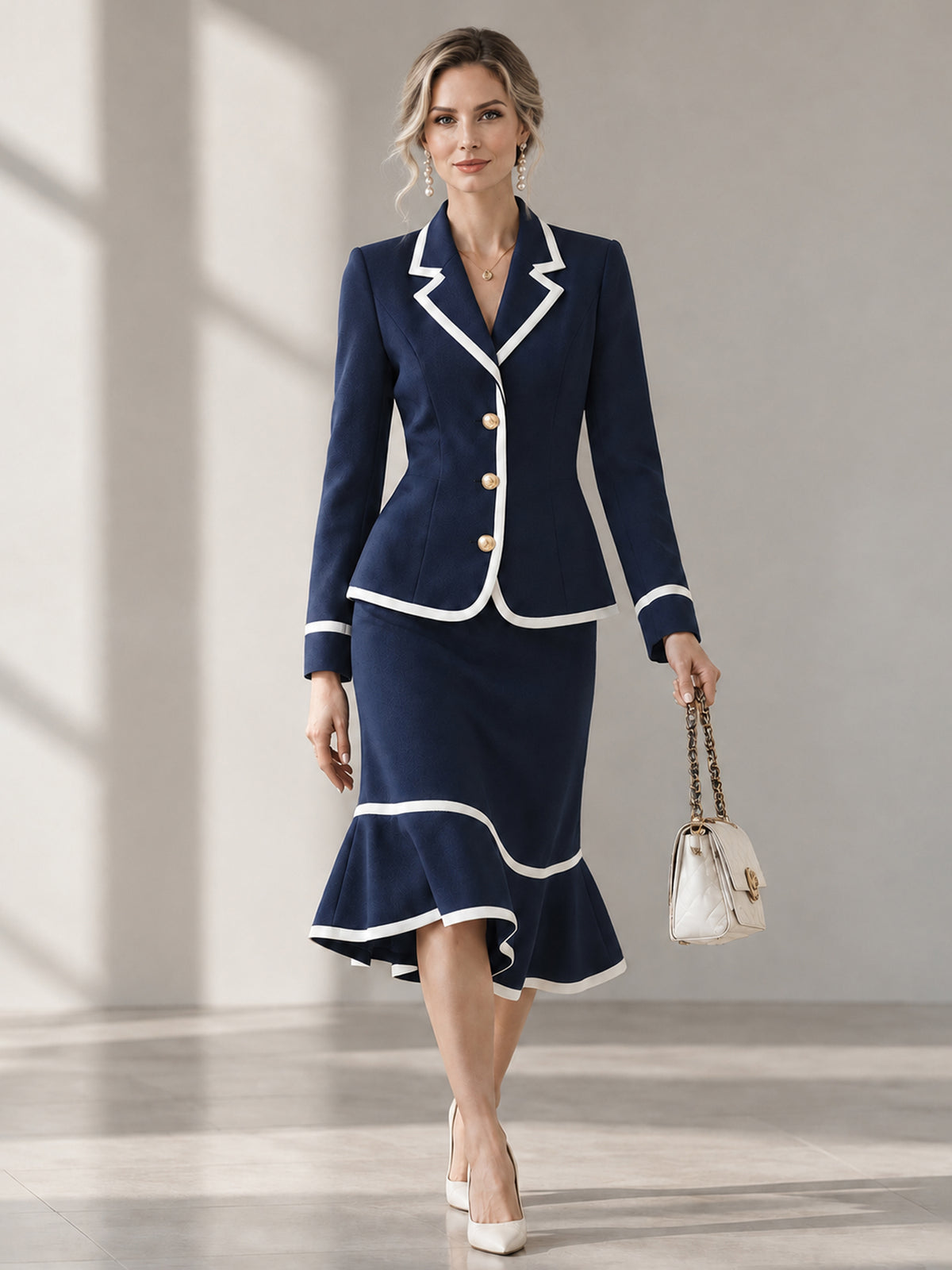 Navy Notched Lapel With White Piping Blazer And Flared Midi Skirt 2-Piece Suit