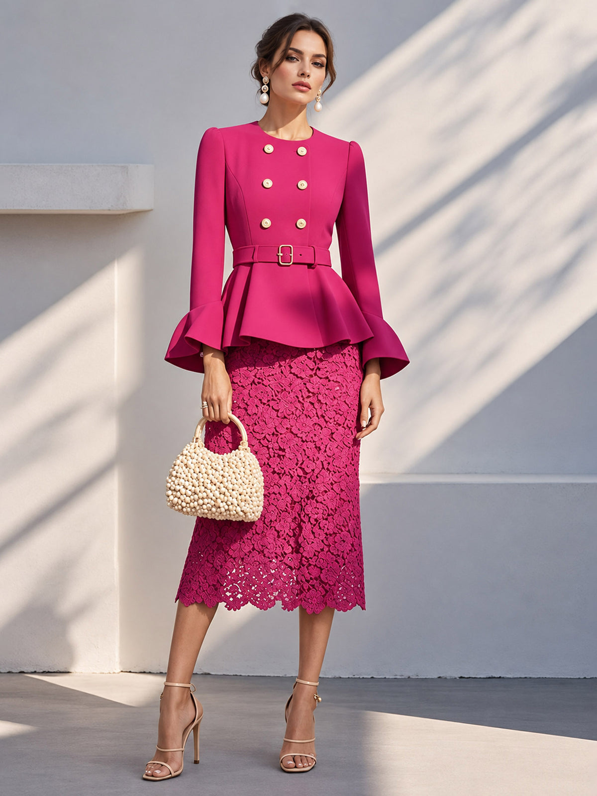 Fuchsia Round Neck Double Breasted Peplum Top & Floral Lace Midi Skirt 2-Piece Suit