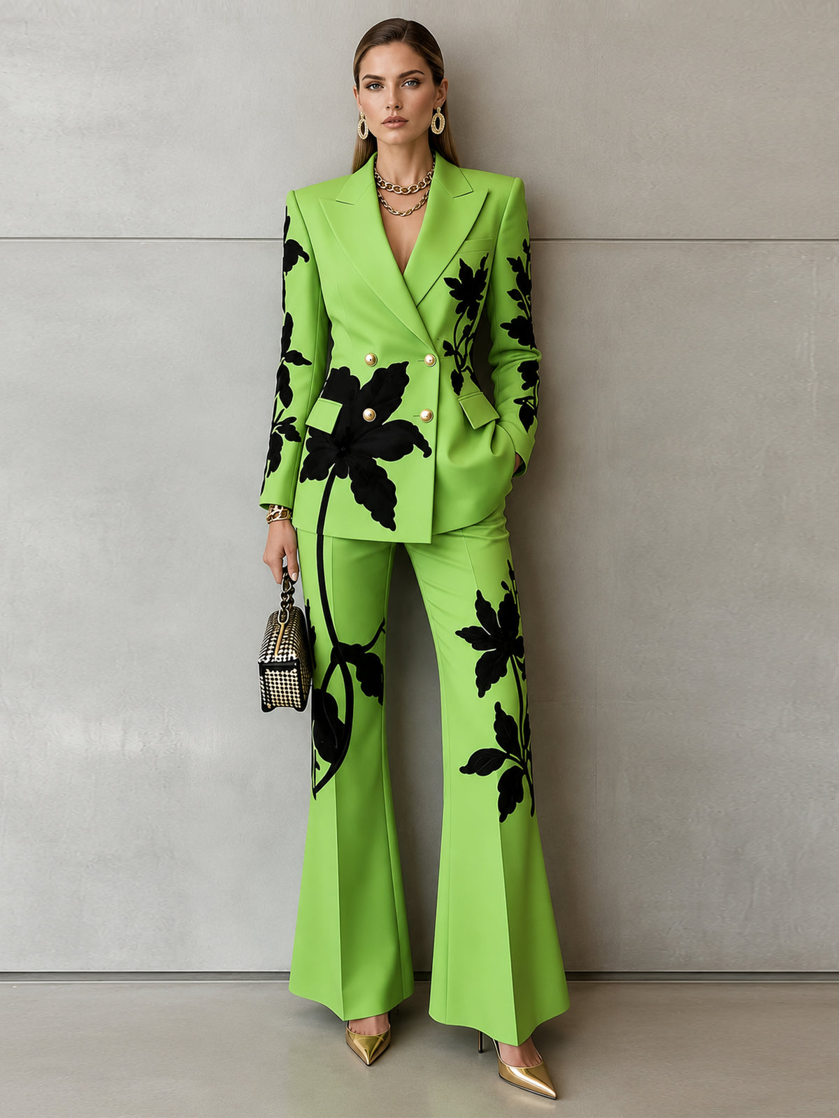 Grass Green Floral Print Blazer And Wide Leg Slightly Flared Pants 2-Piece Suit