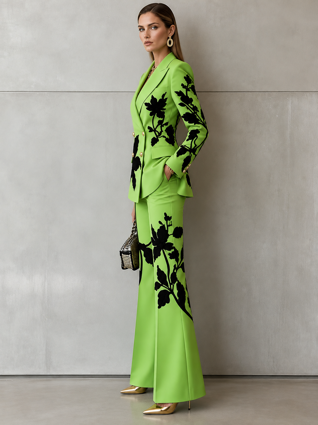 Grass Green Floral Print Blazer And Wide Leg Slightly Flared Pants 2-Piece Suit
