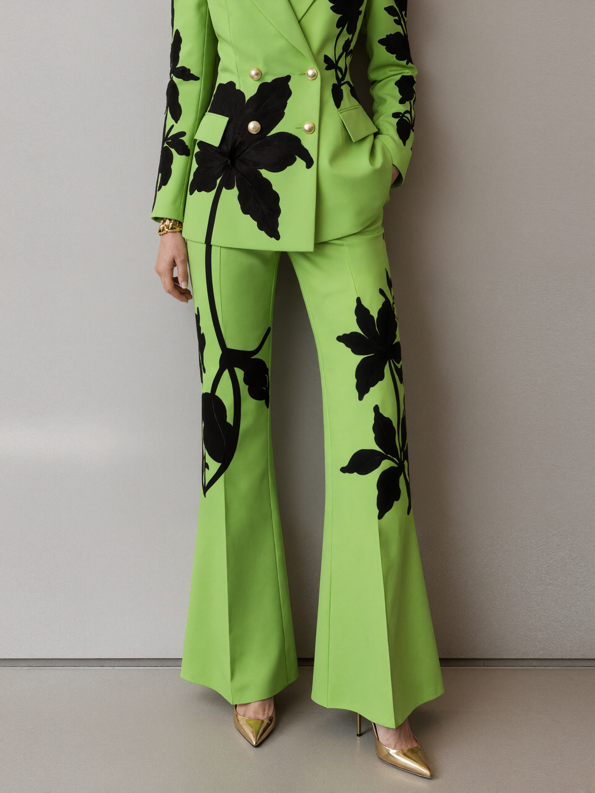 Grass Green Floral Print Blazer And Wide Leg Slightly Flared Pants 2-Piece Suit
