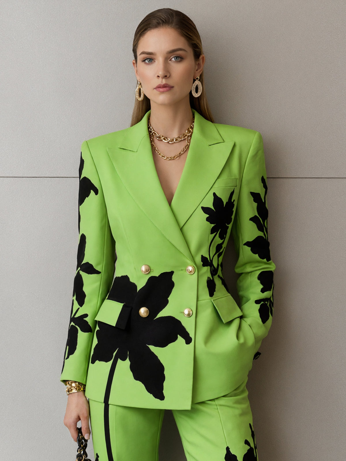 Grass Green Floral Print Blazer And Wide Leg Slightly Flared Pants 2-Piece Suit