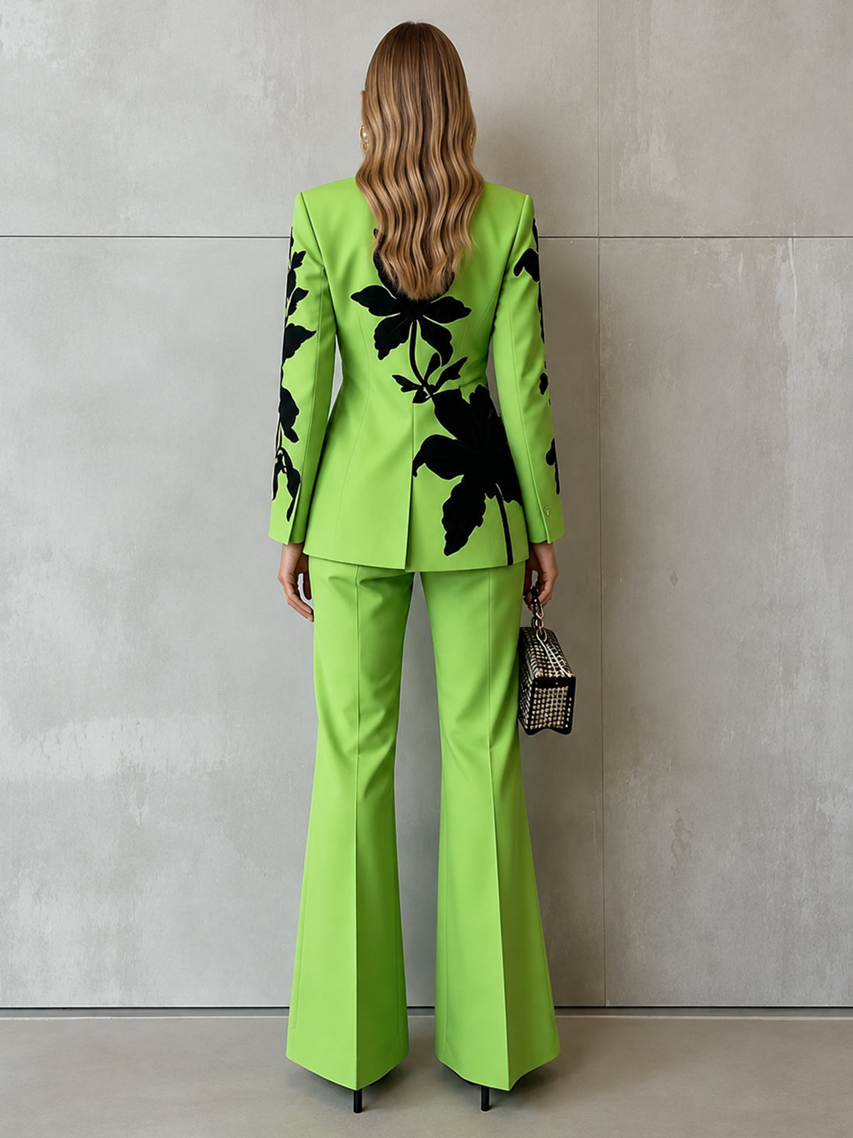 Grass Green Floral Print Blazer And Wide Leg Slightly Flared Pants 2-Piece Suit