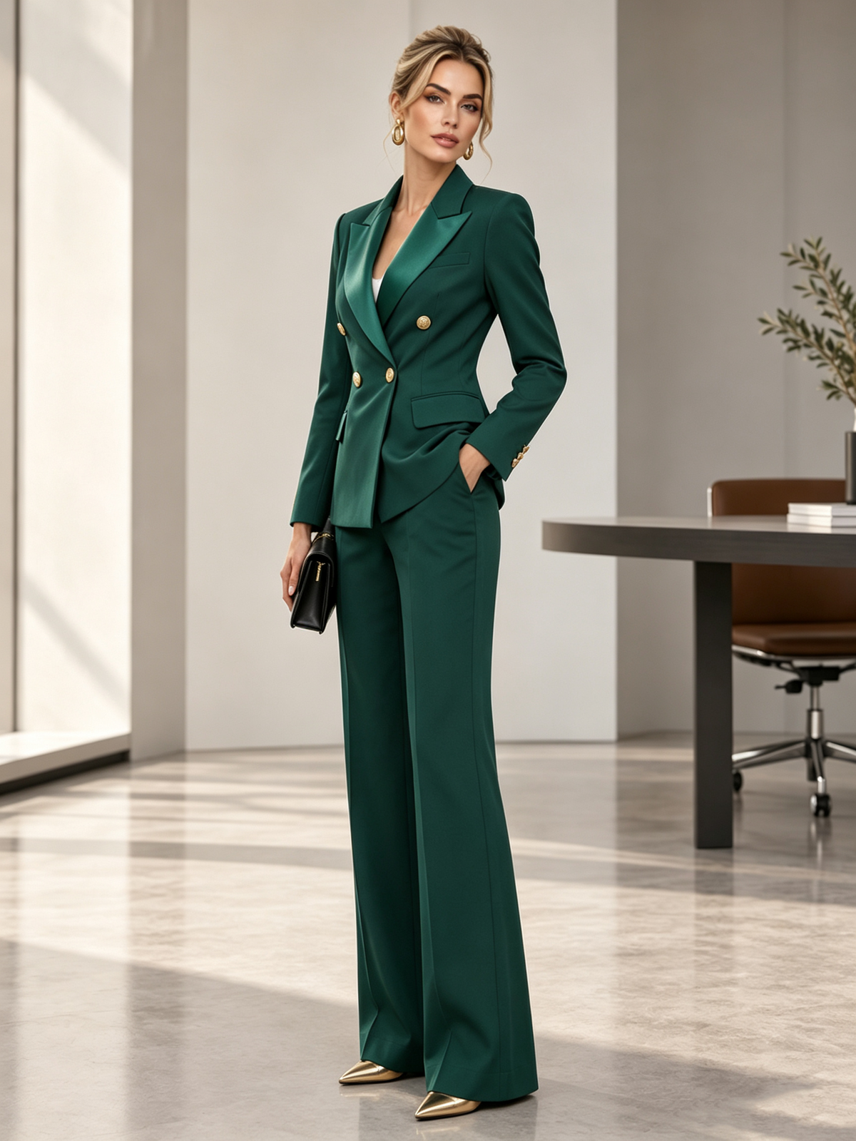 Green Satin Peak Lapel Double Breasted Blazer & Wide Leg Pants 2-Piece Suit