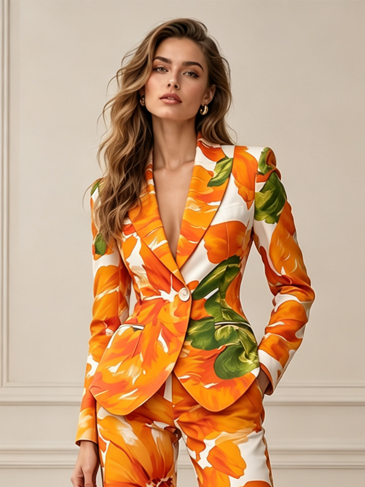 Orange Floral Print Notch Lapel Single Button Blazer & Wide Leg Pants 2-Piece Suit