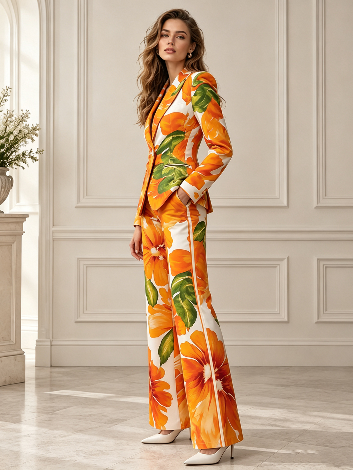 Orange Floral Print Notch Lapel Single Button Blazer & Wide Leg Pants 2-Piece Suit