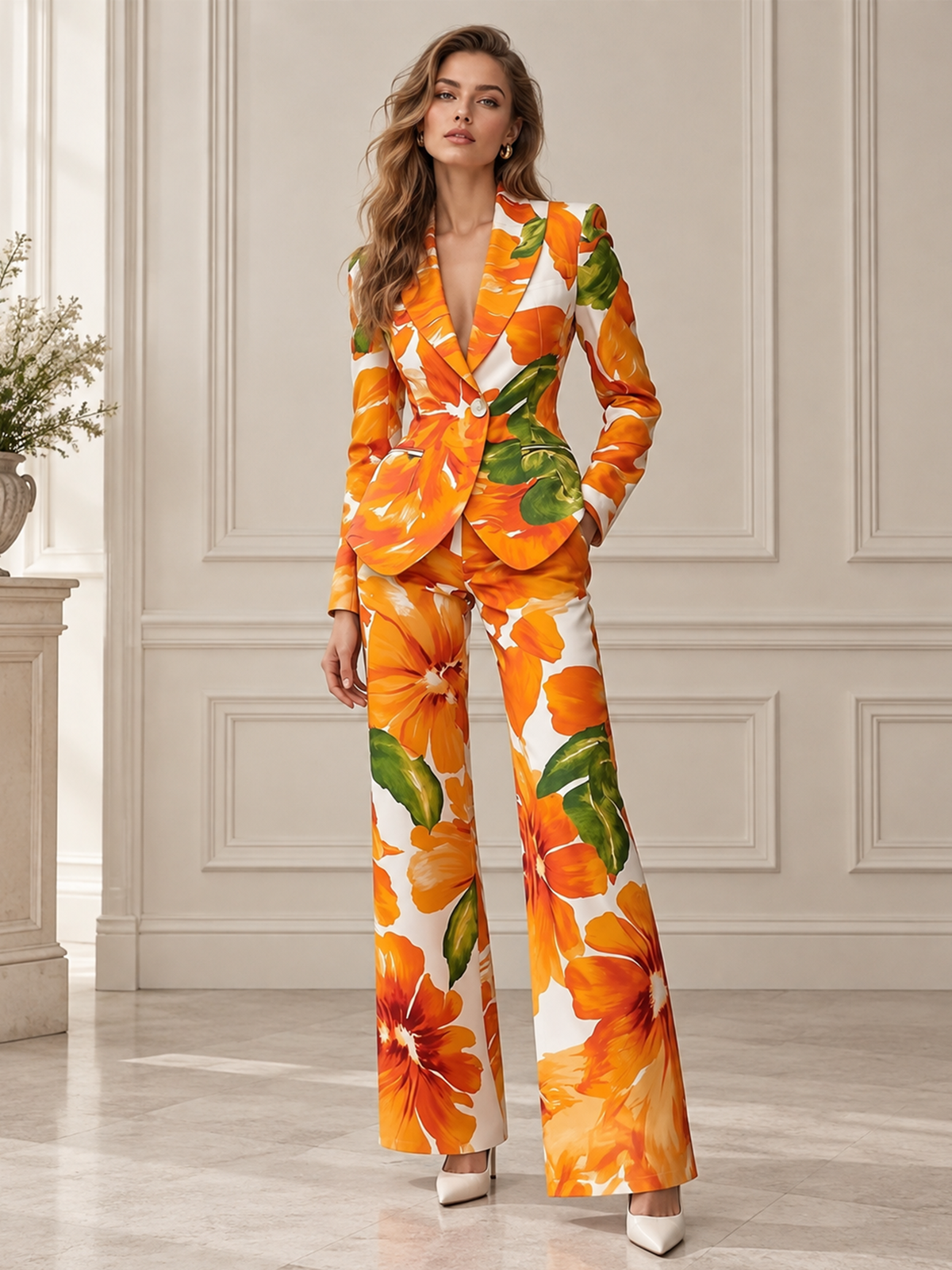 Orange Floral Print Notch Lapel Single Button Blazer & Wide Leg Pants 2-Piece Suit