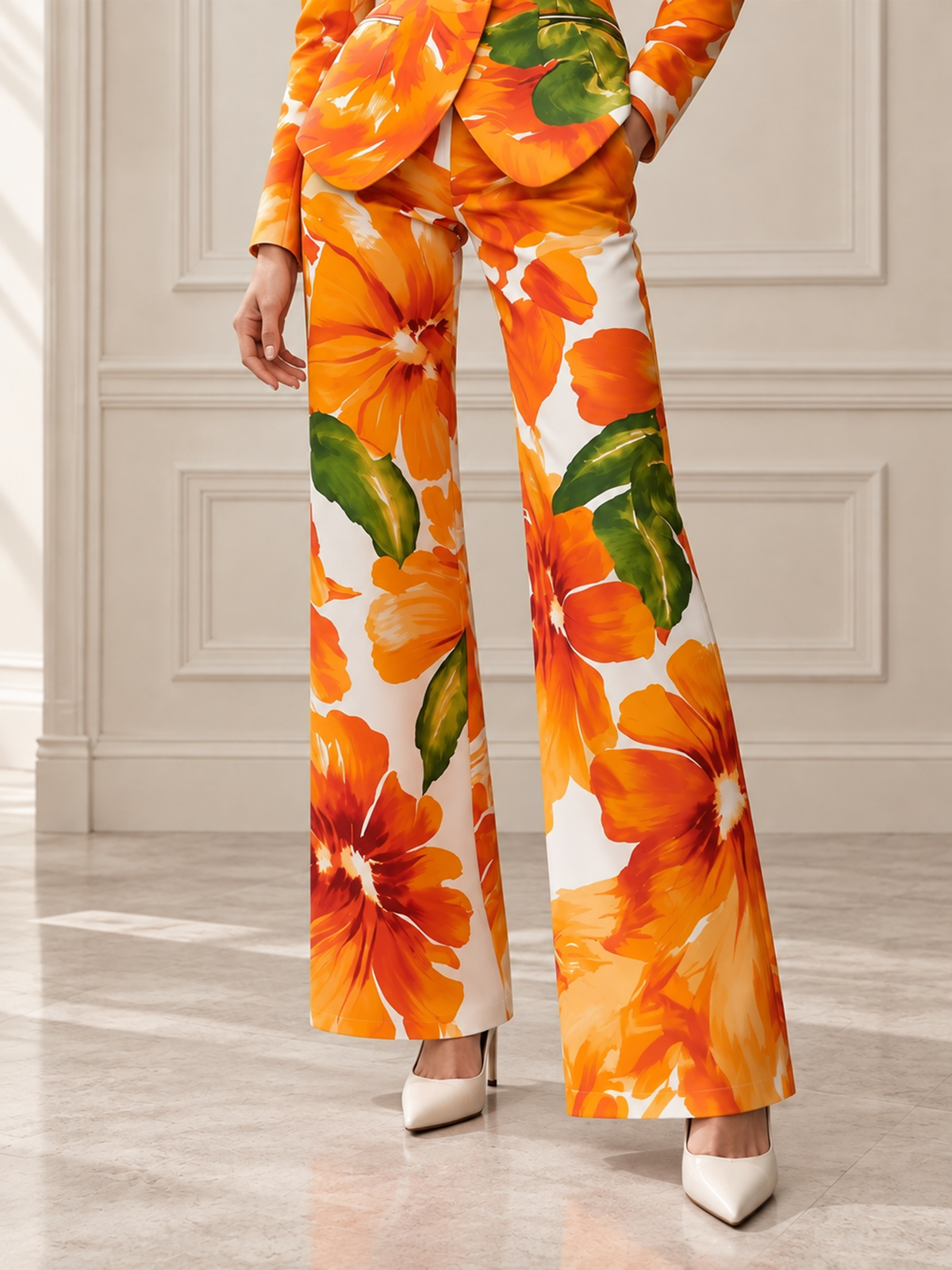 Orange Floral Print Notch Lapel Single Button Blazer & Wide Leg Pants 2-Piece Suit