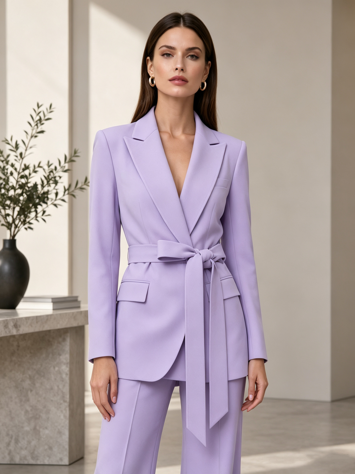 Lavender Notch Lapel Self Tie Belt Blazer & Wide Leg Pants 2-Piece Suit