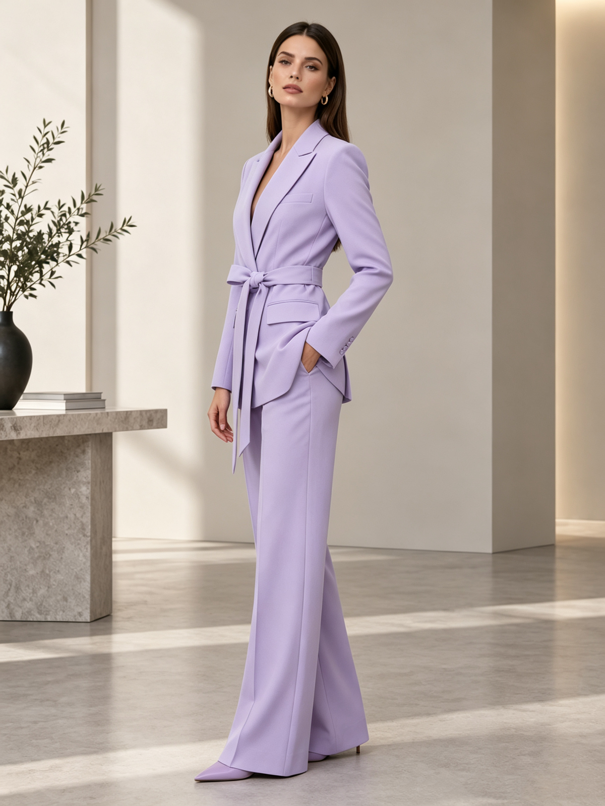 Lavender Notch Lapel Self Tie Belt Blazer & Wide Leg Pants 2-Piece Suit