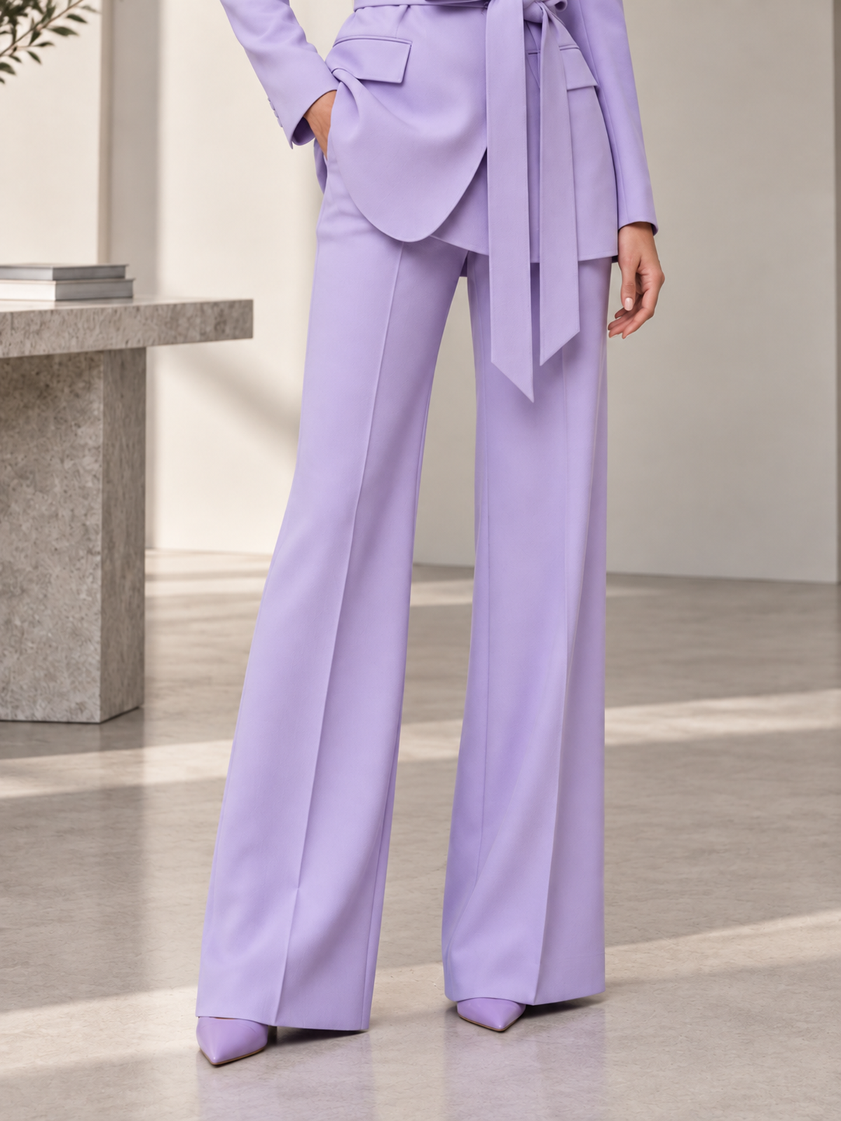 Lavender Notch Lapel Self Tie Belt Blazer & Wide Leg Pants 2-Piece Suit