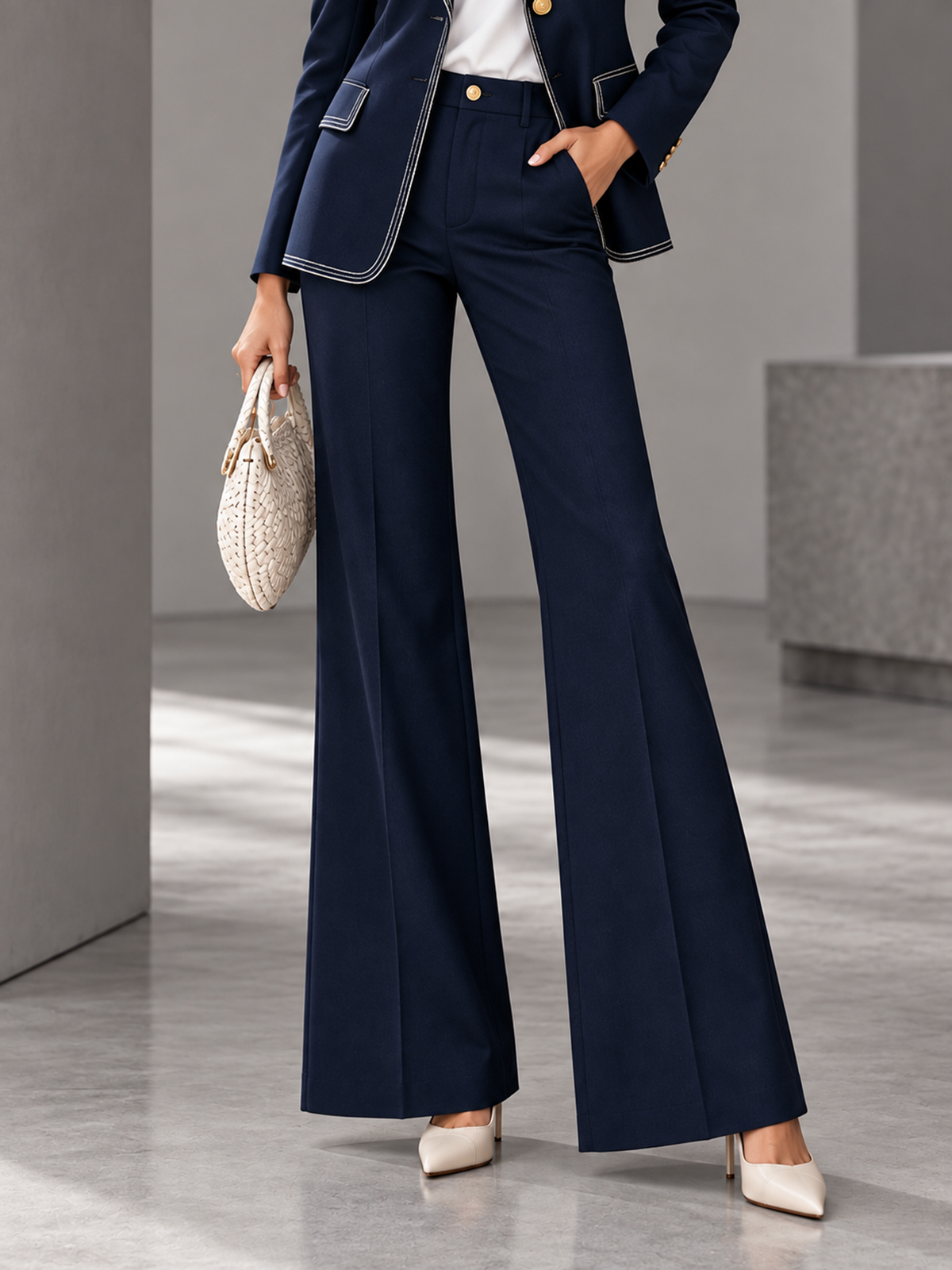 Navy Notch Lapel White Contrast Piping Blazer & Wide Leg Pants 2-Piece Suit