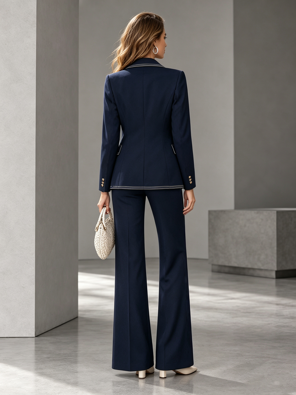 Navy Notch Lapel White Contrast Piping Blazer & Wide Leg Pants 2-Piece Suit