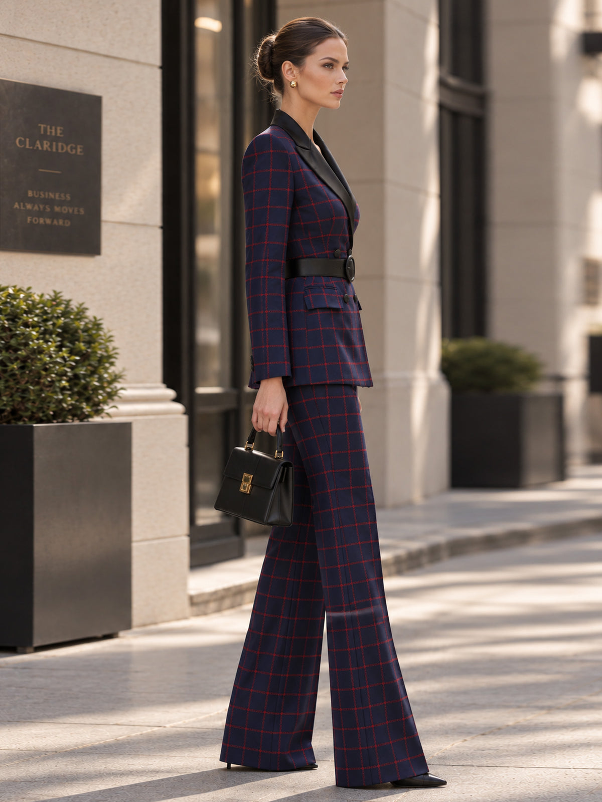 Blue Base Red Plaid Notch Lapel Blazer & Straight Leg Pants 2-Piece Suit
