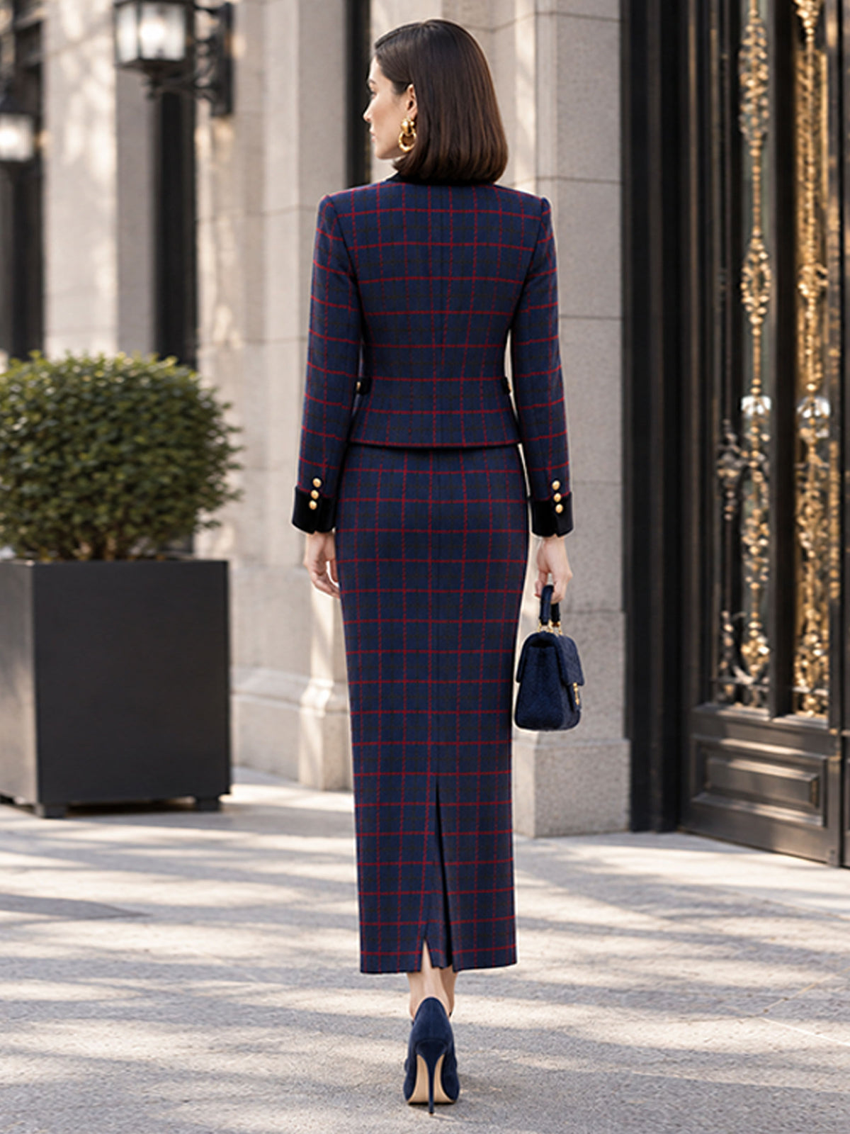 Navy Red Plaid Notch Lapel Single‑Breasted Blazer & Front Slit Straight Midi Skirt 2‑Piece Suit