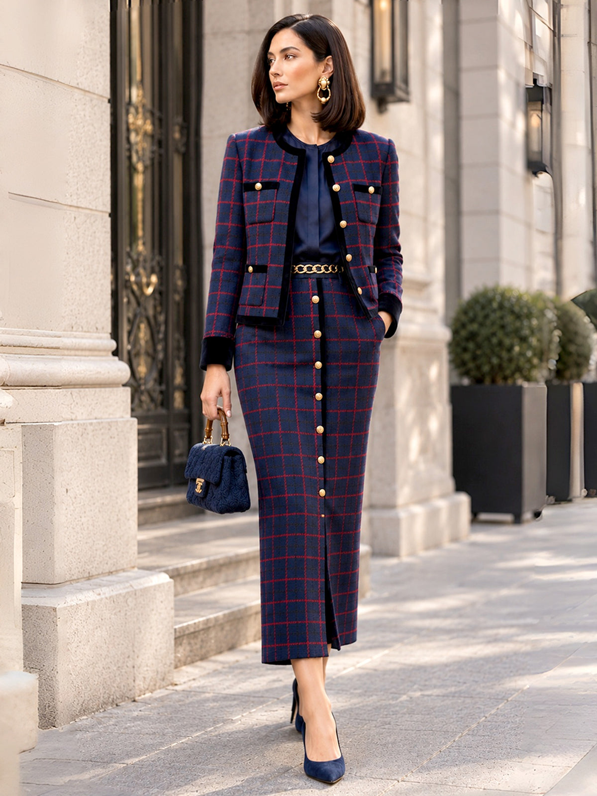 Navy Red Plaid Notch Lapel Single‑Breasted Blazer & Front Slit Straight Midi Skirt 2‑Piece Suit