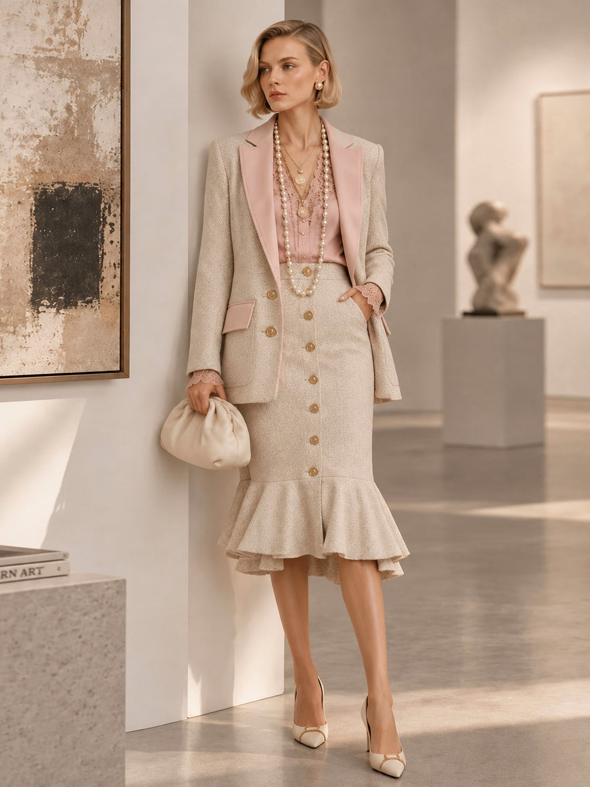 Beige Herringbone Tweed Contrast Light Pink Notch Lapel Single‑Button Blazer & Single‑Button Mermaid Skirt 2‑Piece Suit
