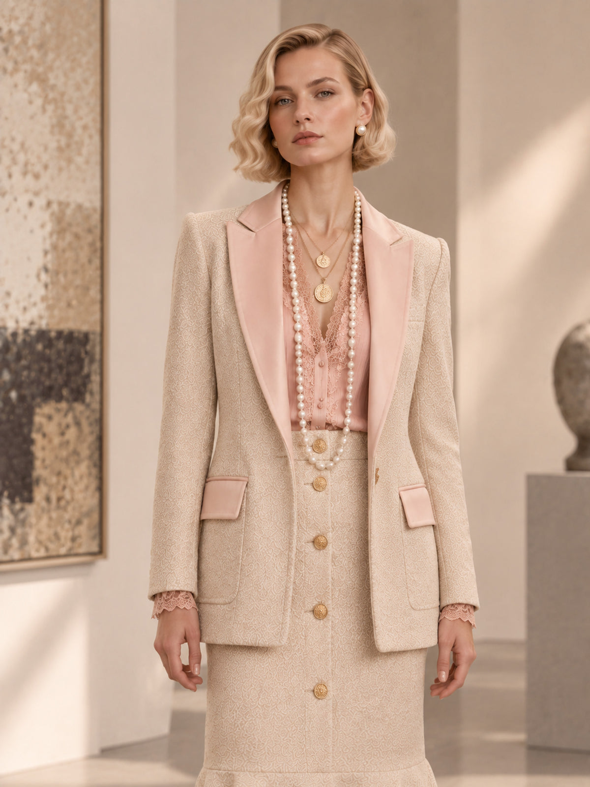 Beige Herringbone Tweed Contrast Light Pink Notch Lapel Single‑Button Blazer & Single‑Button Mermaid Skirt 2‑Piece Suit