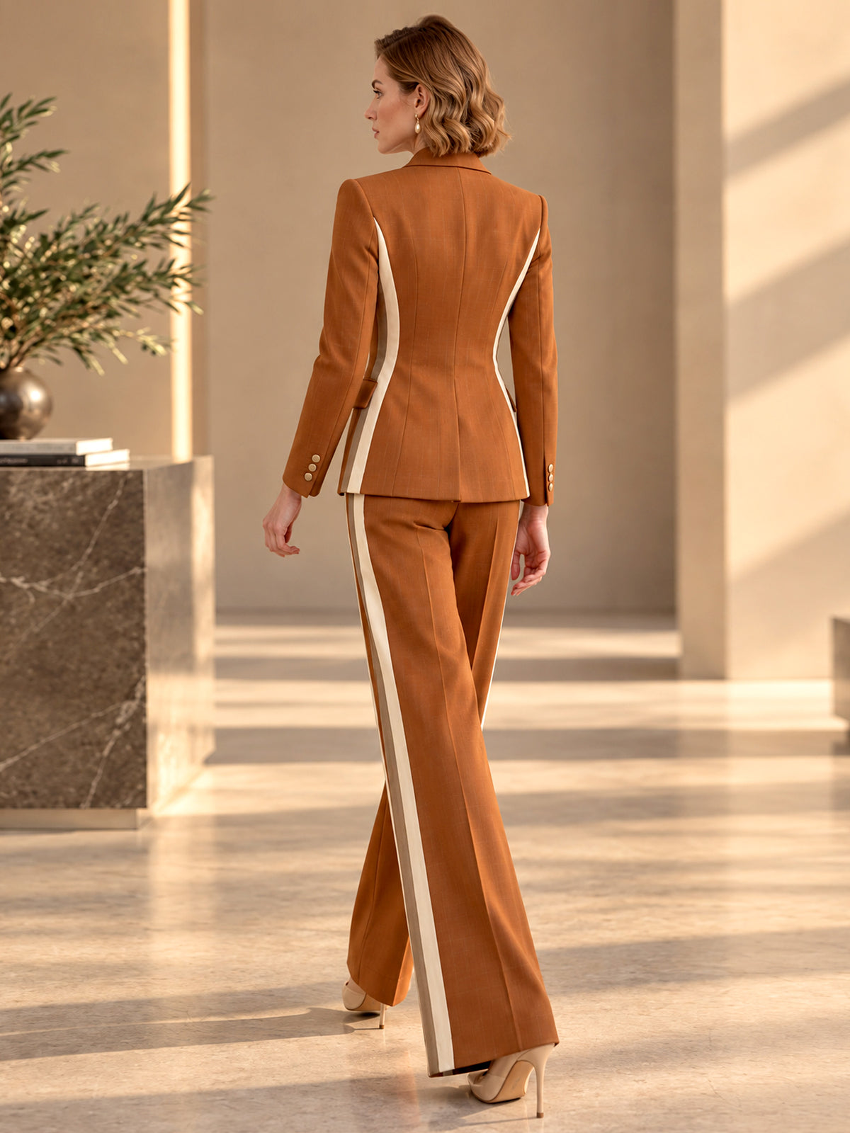 Deep Orange Peak Lapel Double Breasted Color‑Block Blazer & Color‑Block Wide Leg Pants 2‑Piece Suit