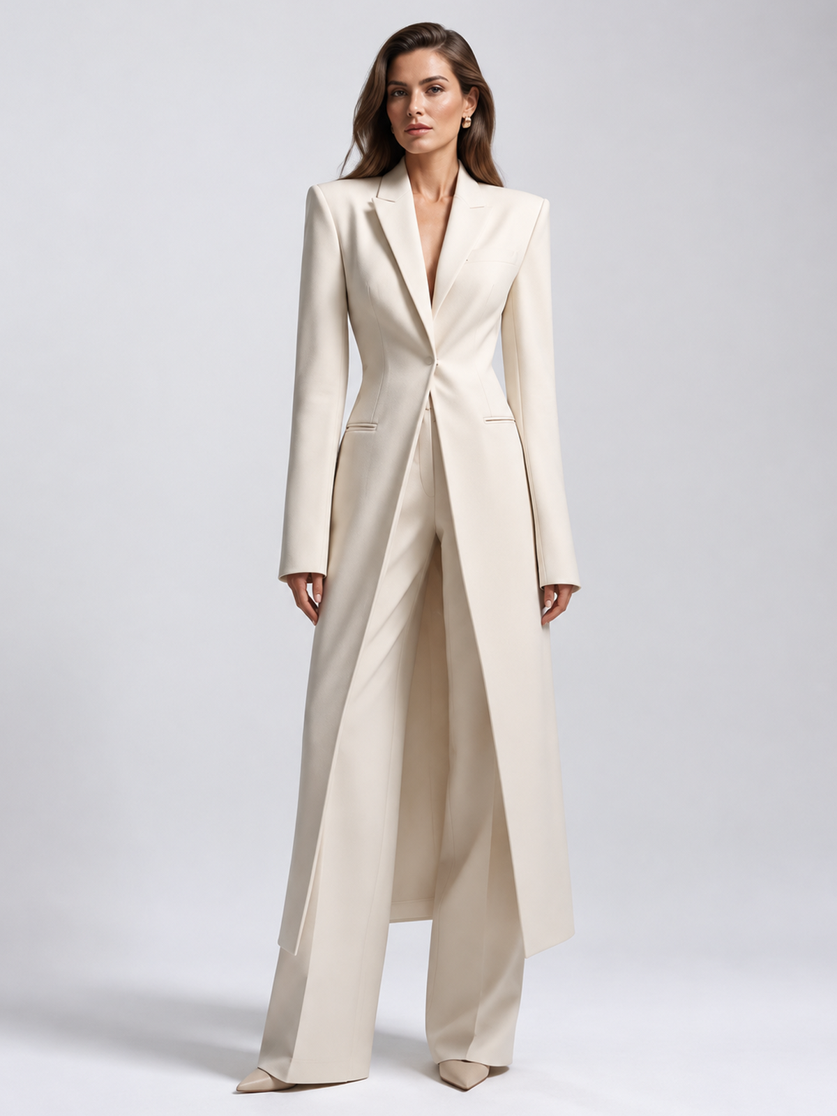 Beige Sculpted Long Blazer And High Waist Wide Leg Pants 2-Piece Suit