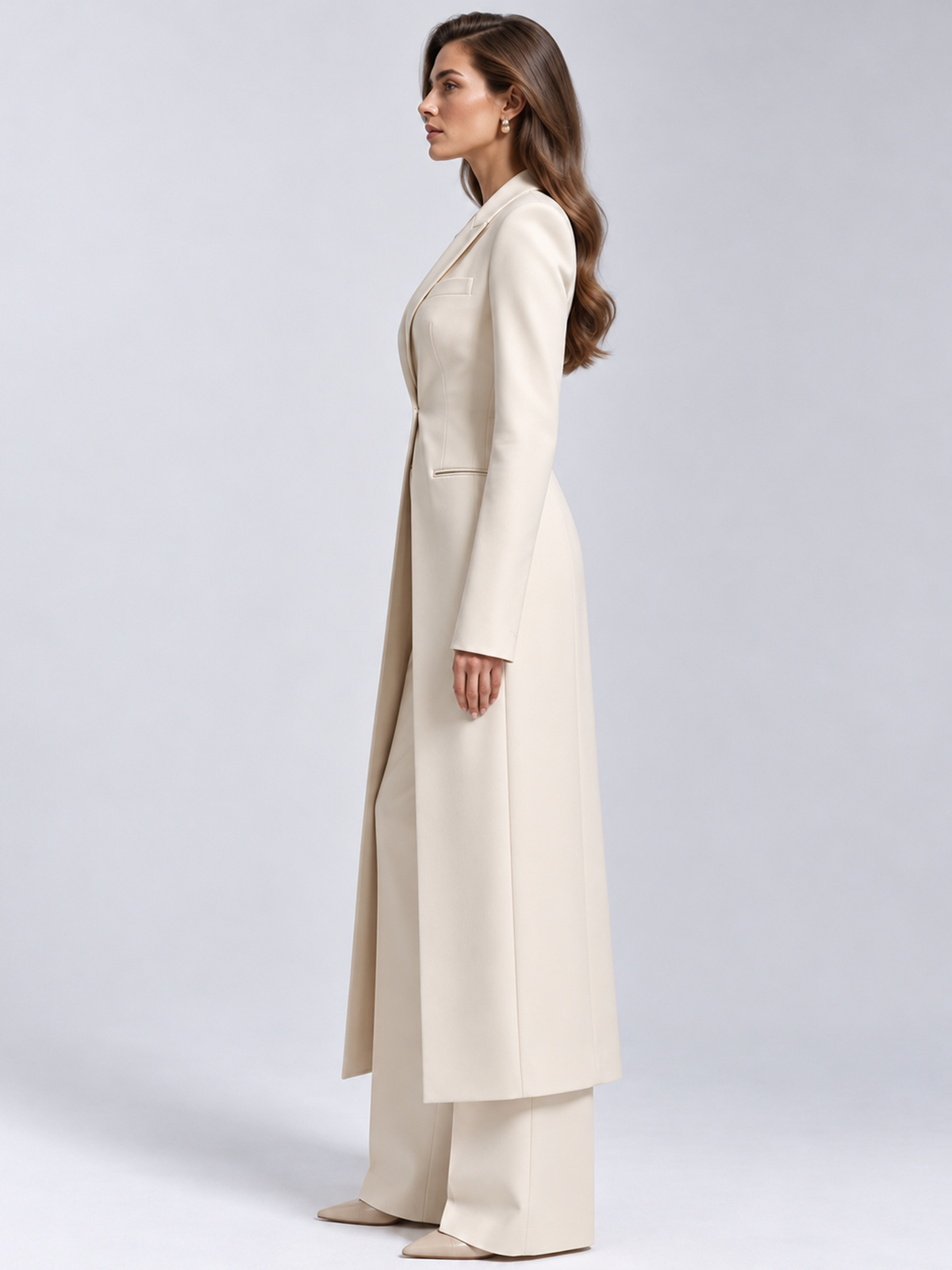 Beige Sculpted Long Blazer And High Waist Wide Leg Pants 2-Piece Suit
