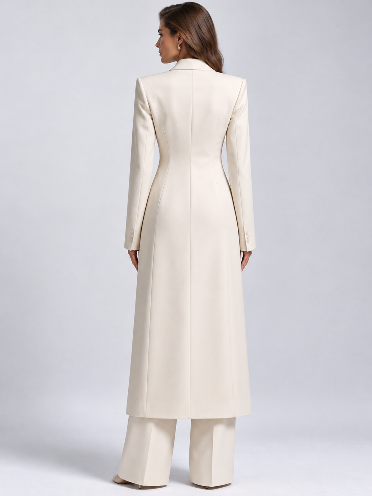 Beige Sculpted Long Blazer And High Waist Wide Leg Pants 2-Piece Suit