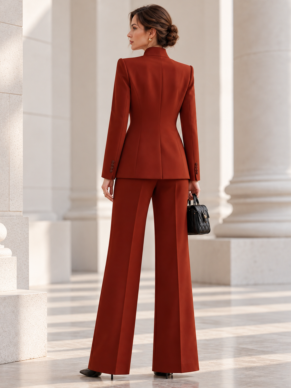 Russet Stand-up Collar Blazer And High Waist Wide Leg Pants 2-Piece Suit