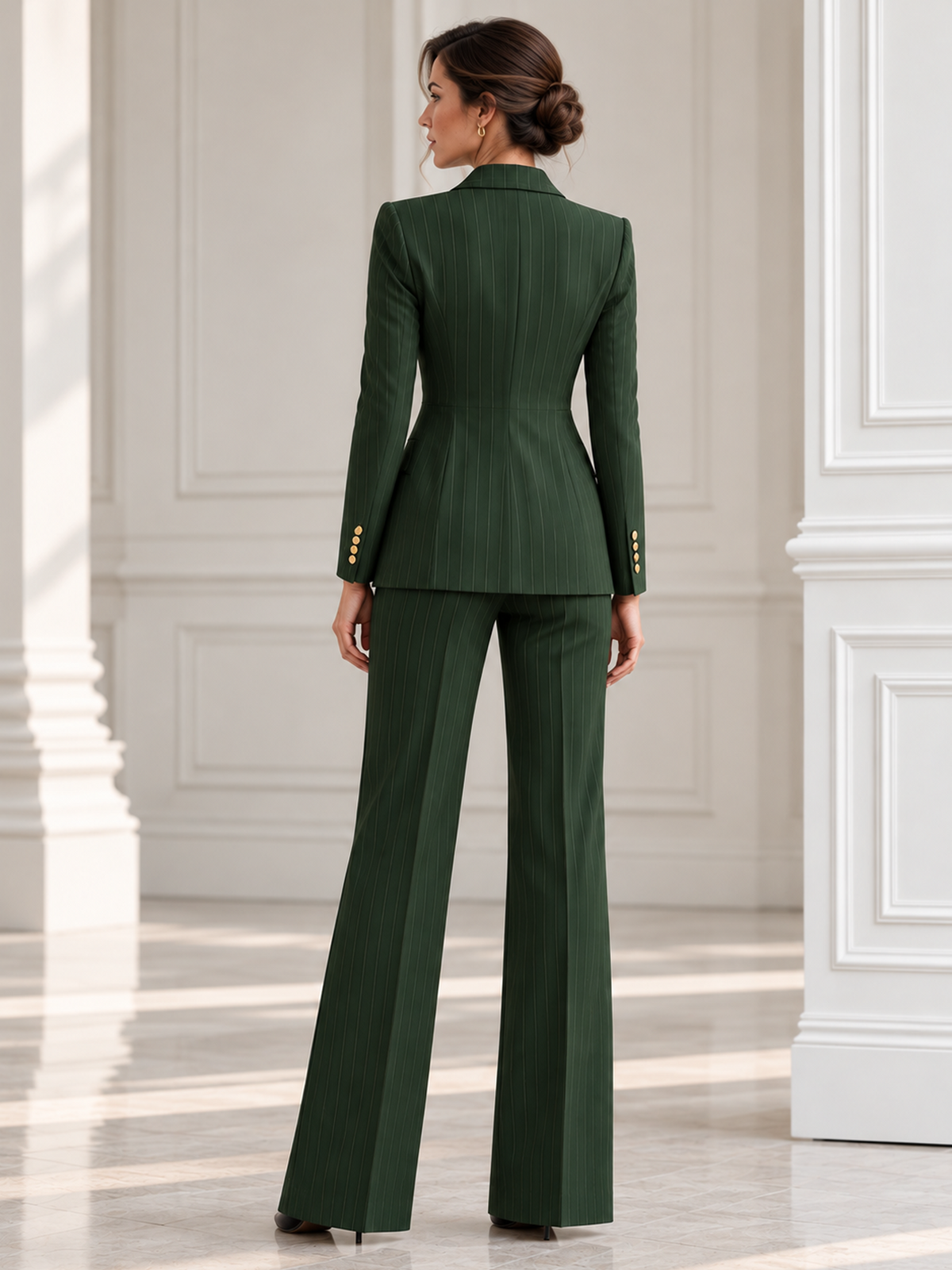 Green Pinstripe Double Breasted Peak Lapel Blazer And High Waist Wide Leg Pants 2-Piece Suit