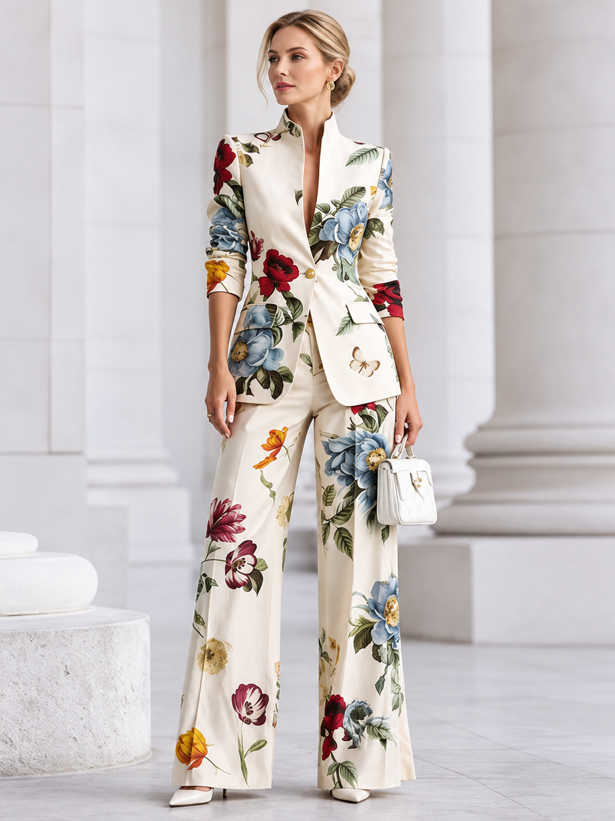 White Floral Print Stand Collar Blazer And High Waist Wide Leg Pants 2-Piece Suit