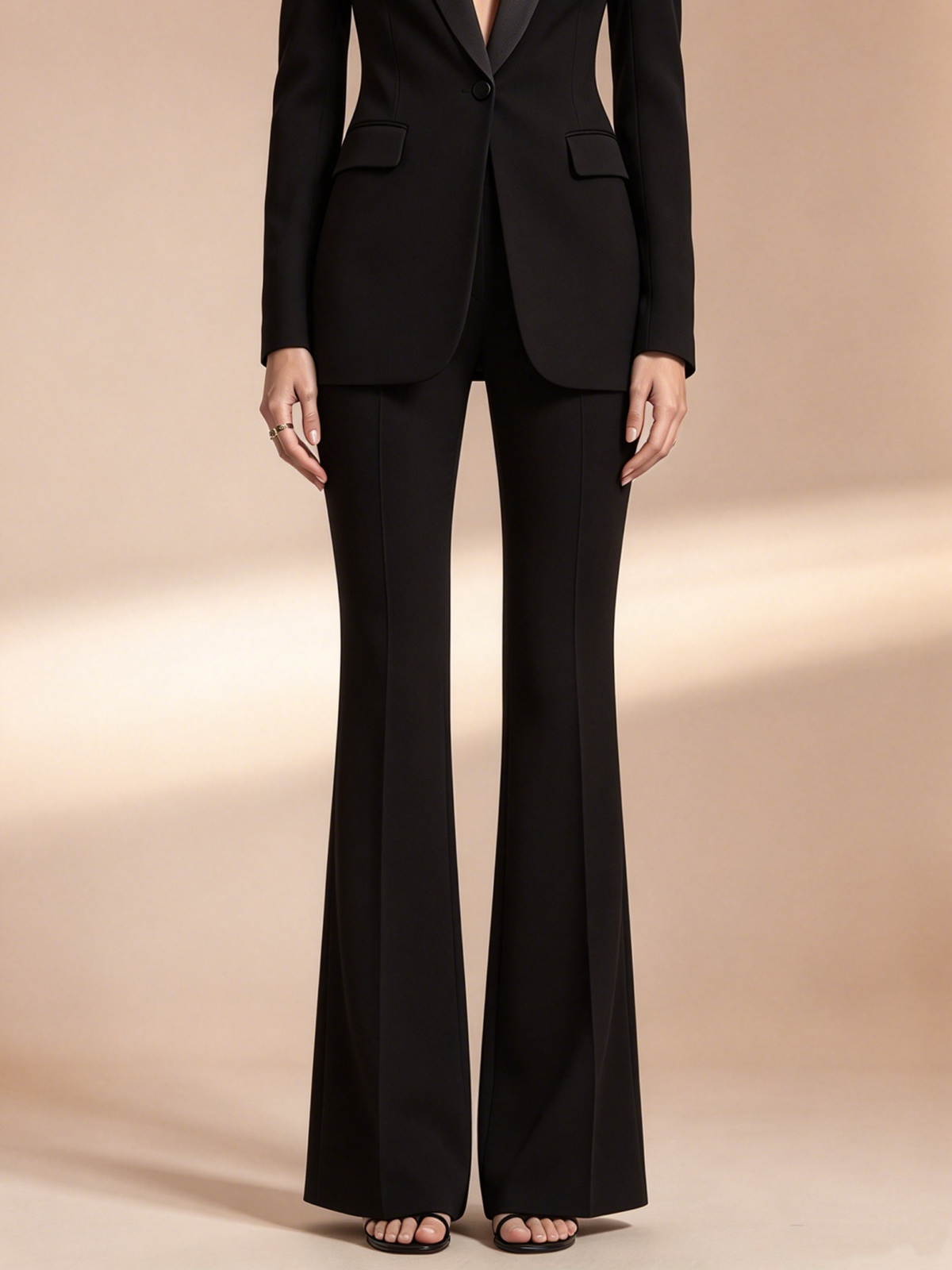 Black Satin Lapel Blazer And High Waist Flare Pants 2-Piece Suit