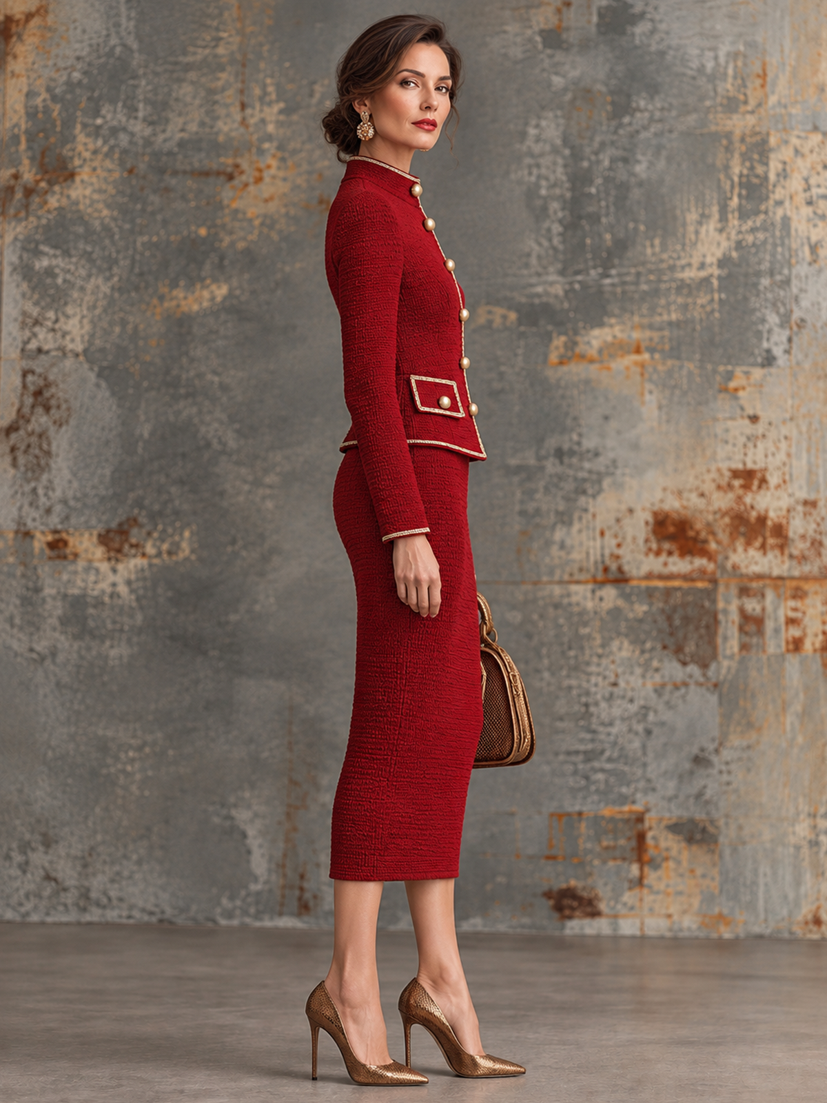 Deep Tweed Gold Trim Stand Collar Blazer And Skirt 2-Piece Suit