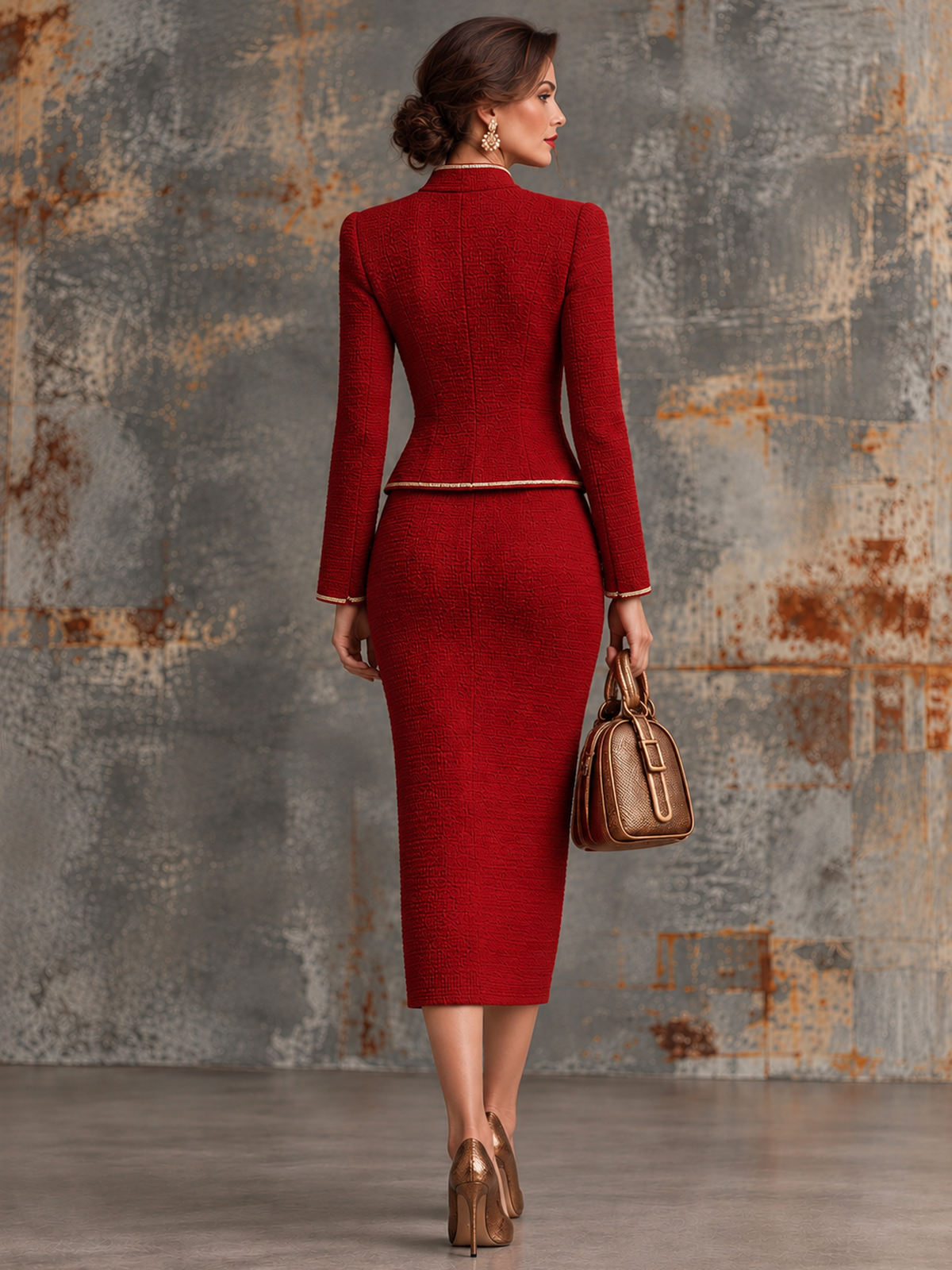 Deep Tweed Gold Trim Stand Collar Blazer And Skirt 2-Piece Suit