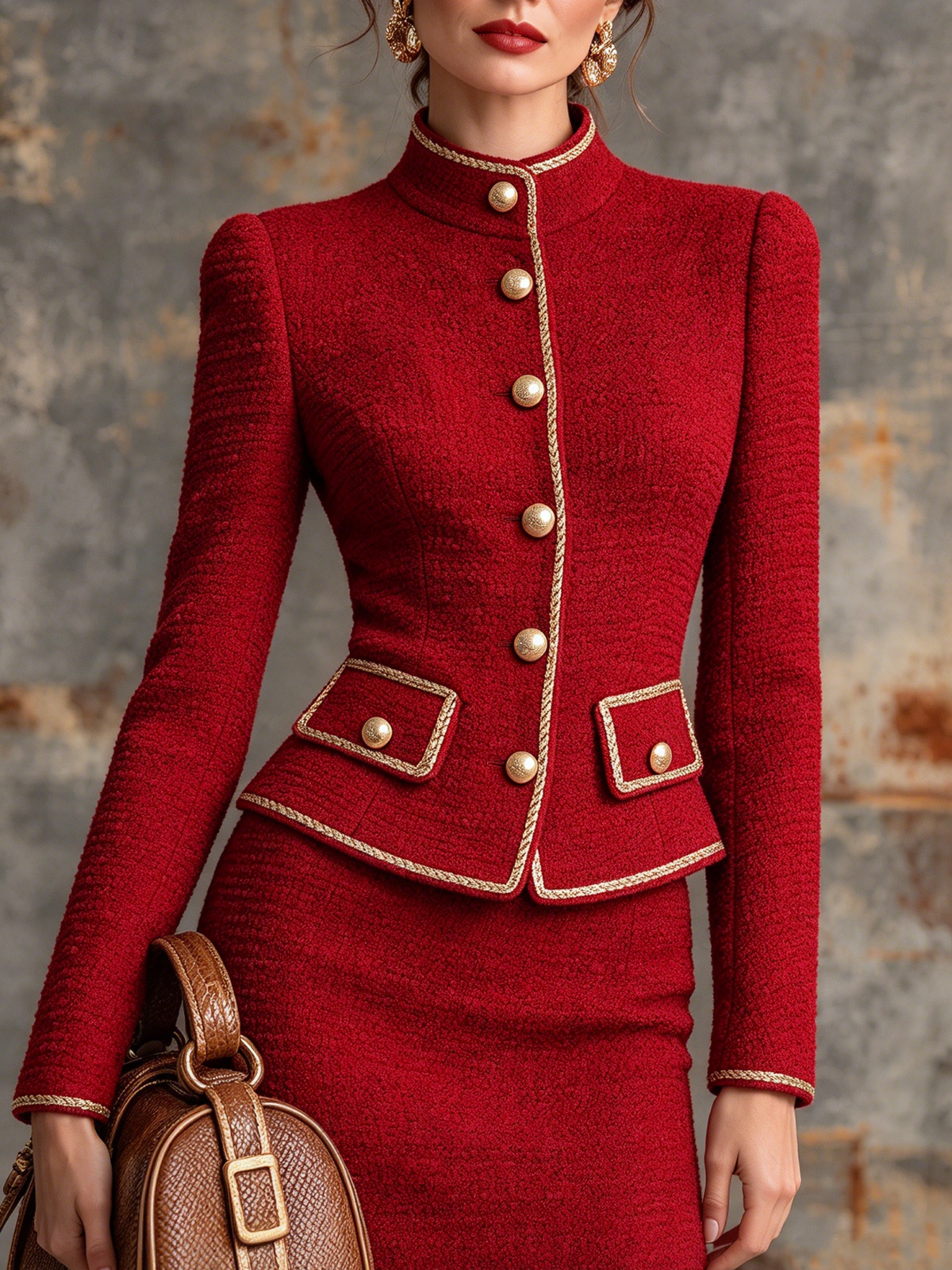 Deep Tweed Gold Trim Stand Collar Blazer And Skirt 2-Piece Suit