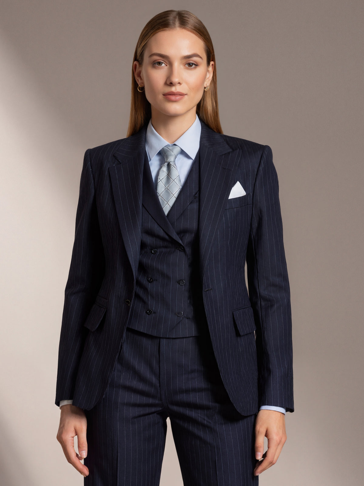 Dark Blue Pinstripe Blazer And V-Neck Vest Paired With High Waisted Wide Leg Pants 3-Piece Suit